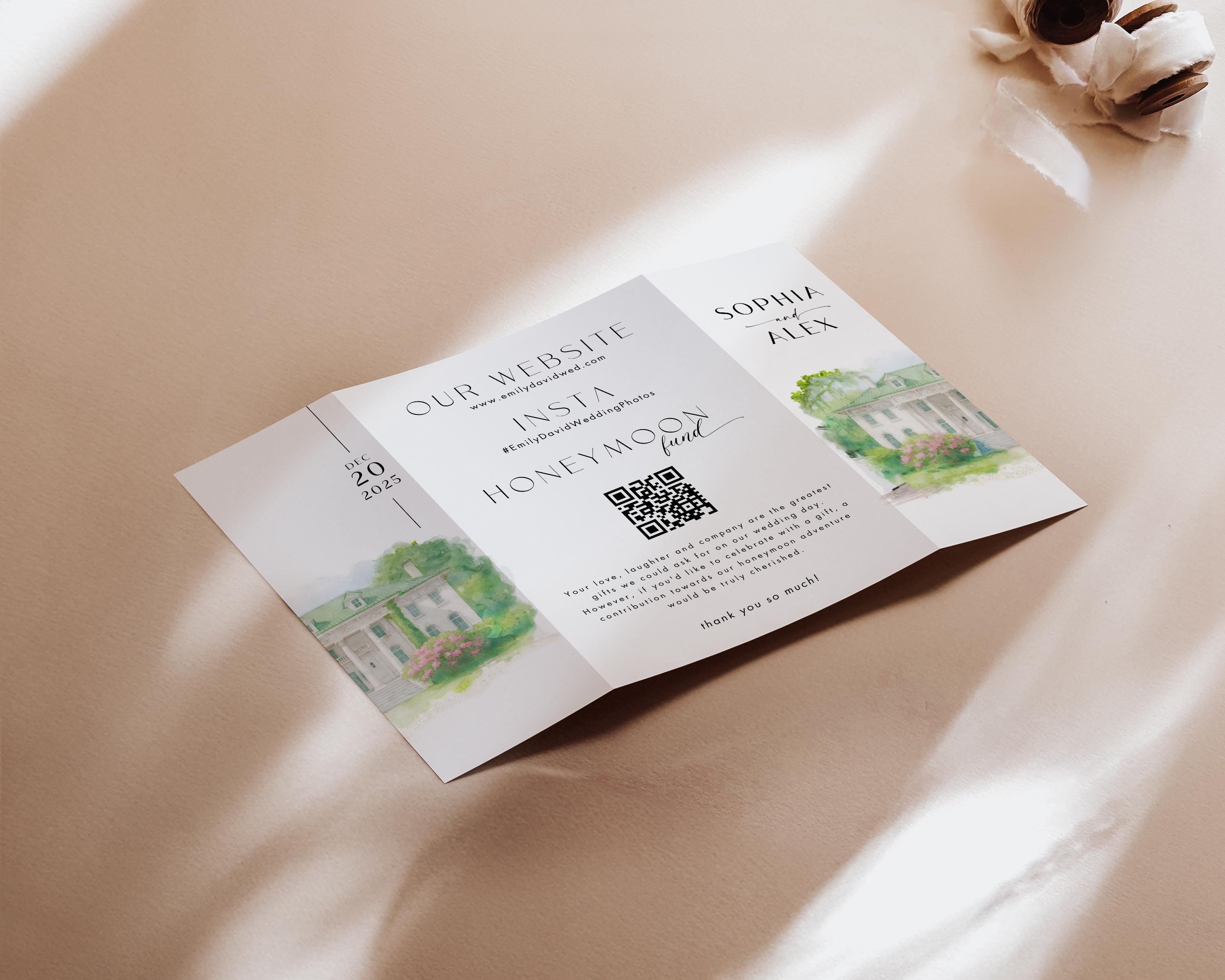 Modern Watercolor Venue Wedding Invitation, Gatefold Canva Template, Custom Editable Invite