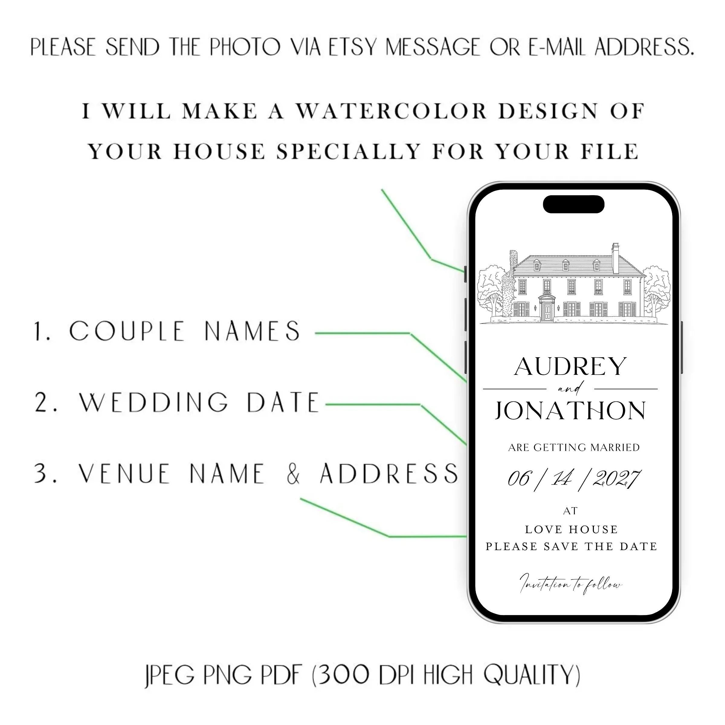 Venue Sketch Save the Date: Digital Wedding Invitation (JPEG, PNG, PDF