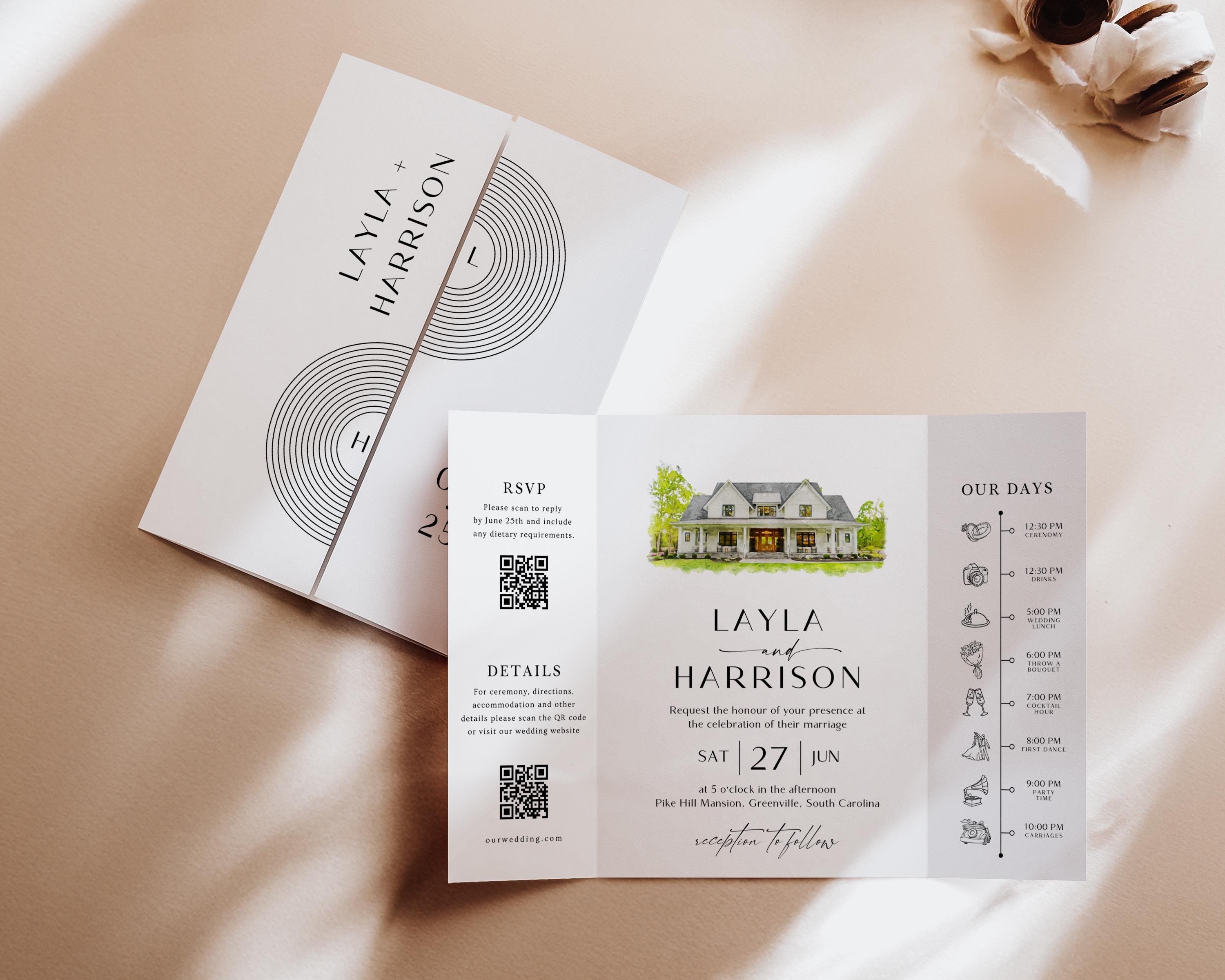 Watercolor Venue Wedding Invitation, Editable Gatefold Canva Template, Custom Invite