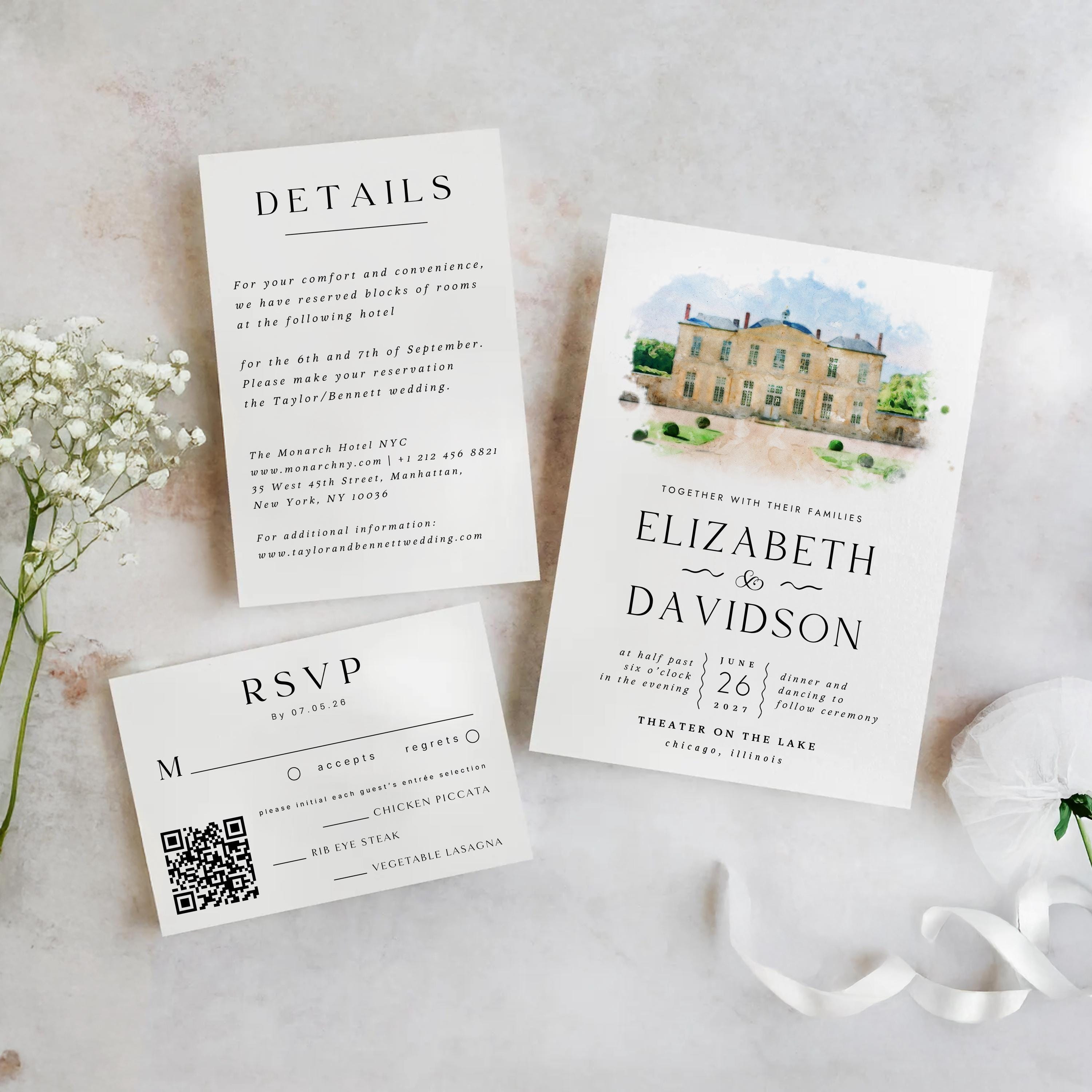 Watercolor Venue Wedding Invitation Template: DIY Printable with RSVP