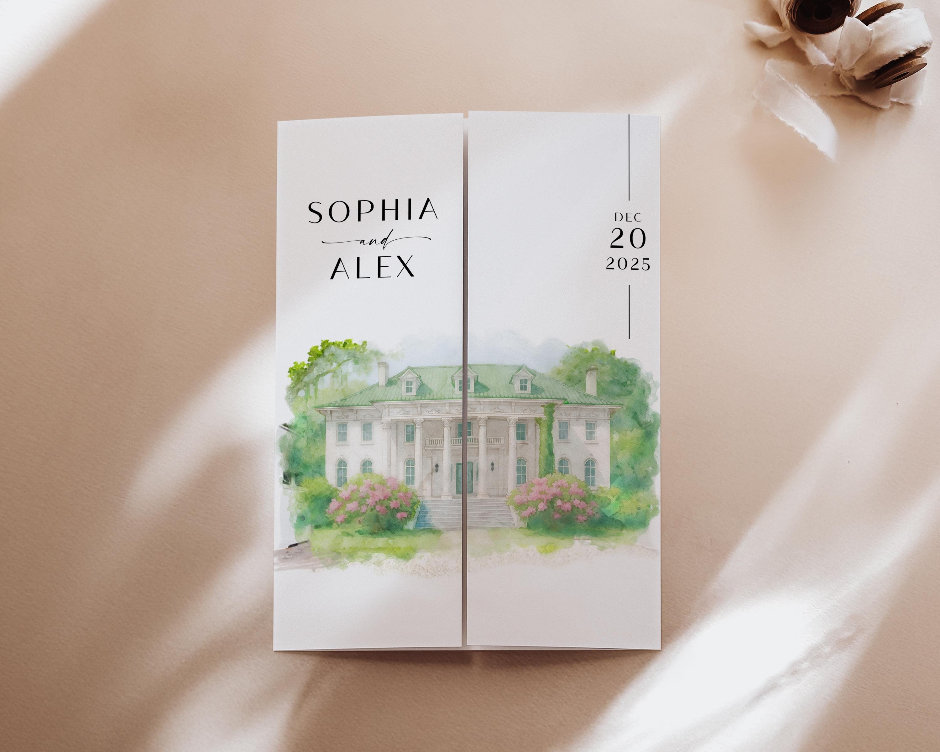 Modern Watercolor Venue Wedding Invitation, Gatefold Canva Template, Custom Editable Invite