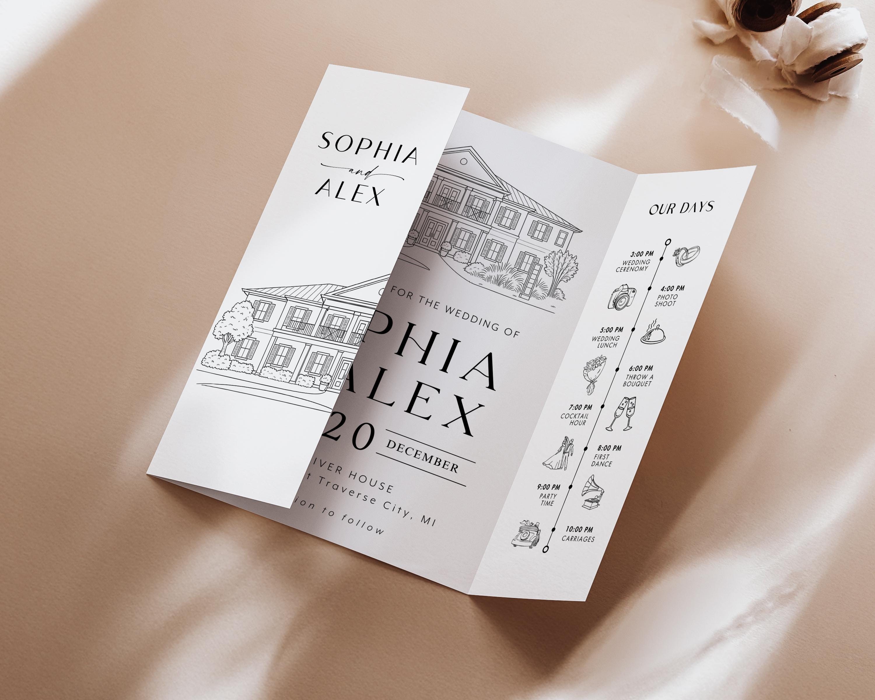 Custom Wedding Venue Illustration Invitation: Line Drawing Gatefold (DIY Canva Template)