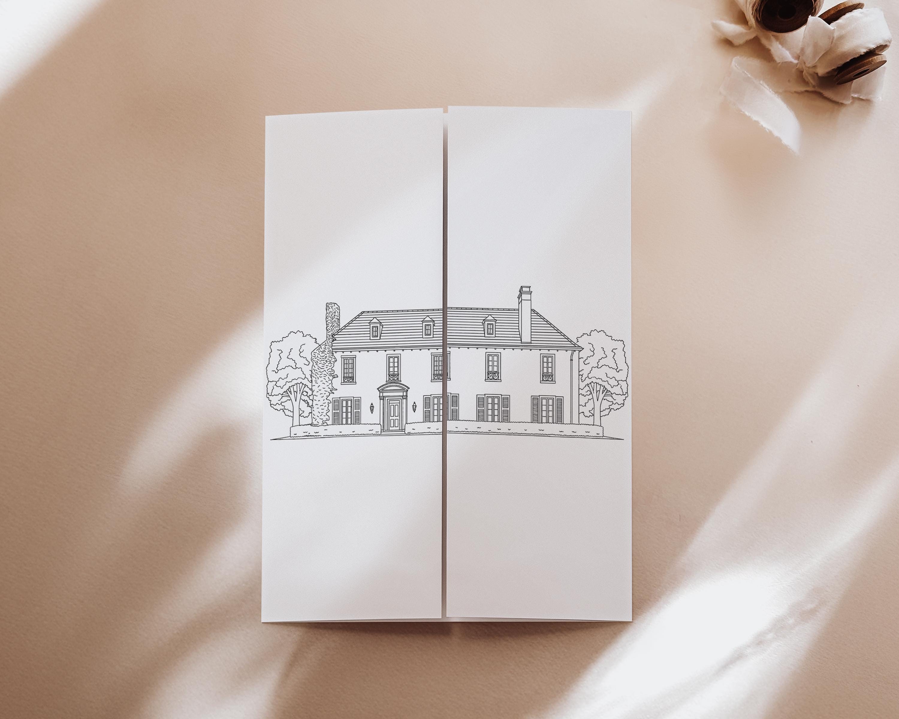 Custom Wedding Venue Illustration Invitation: Line Drawing Gatefold Template