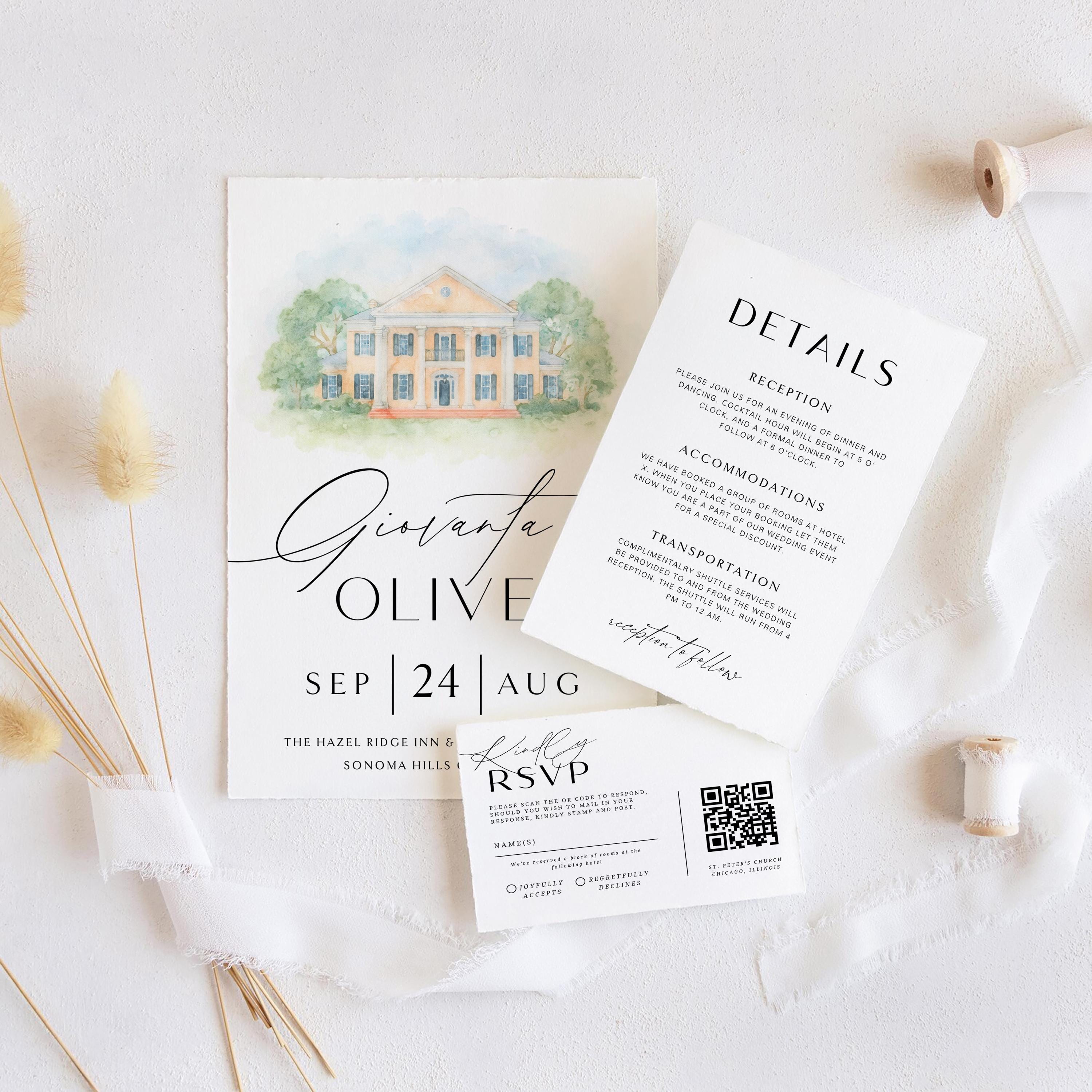 Custom Watercolor Venue Wedding Invitation (Canva Template)