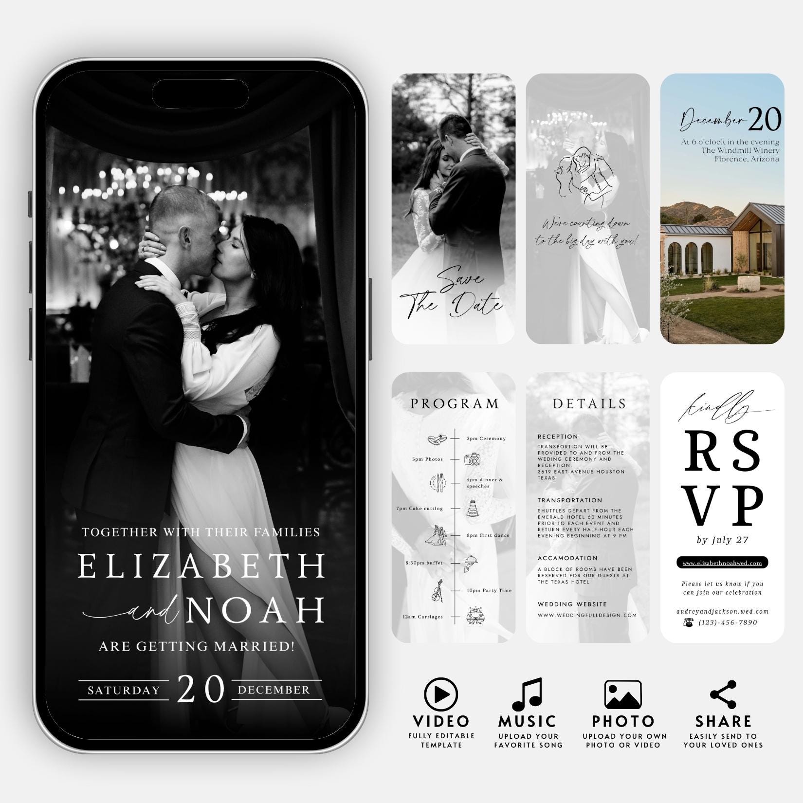 Animated Wedding Video Invitation: Minimalist Digital Phone Template (Canva Editable)