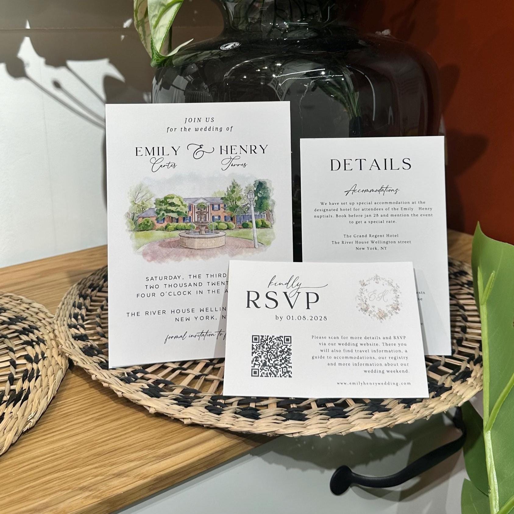 Watercolor Venue Arch Wedding Invitation Set Template, Illustrations Invite Editable Canva Template,