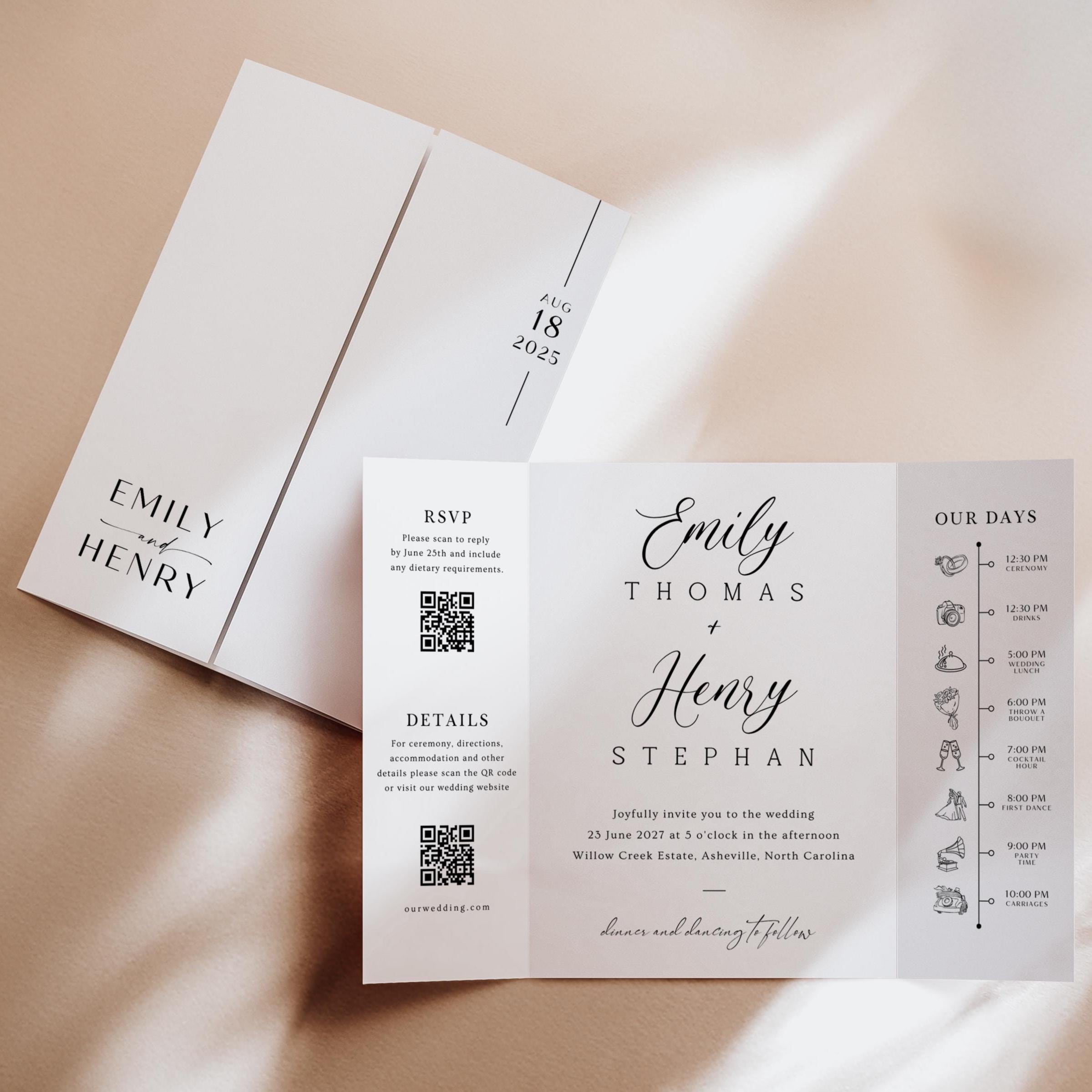 Editable Gatefold Wedding Invitation Template with QR Code (Digital Download)