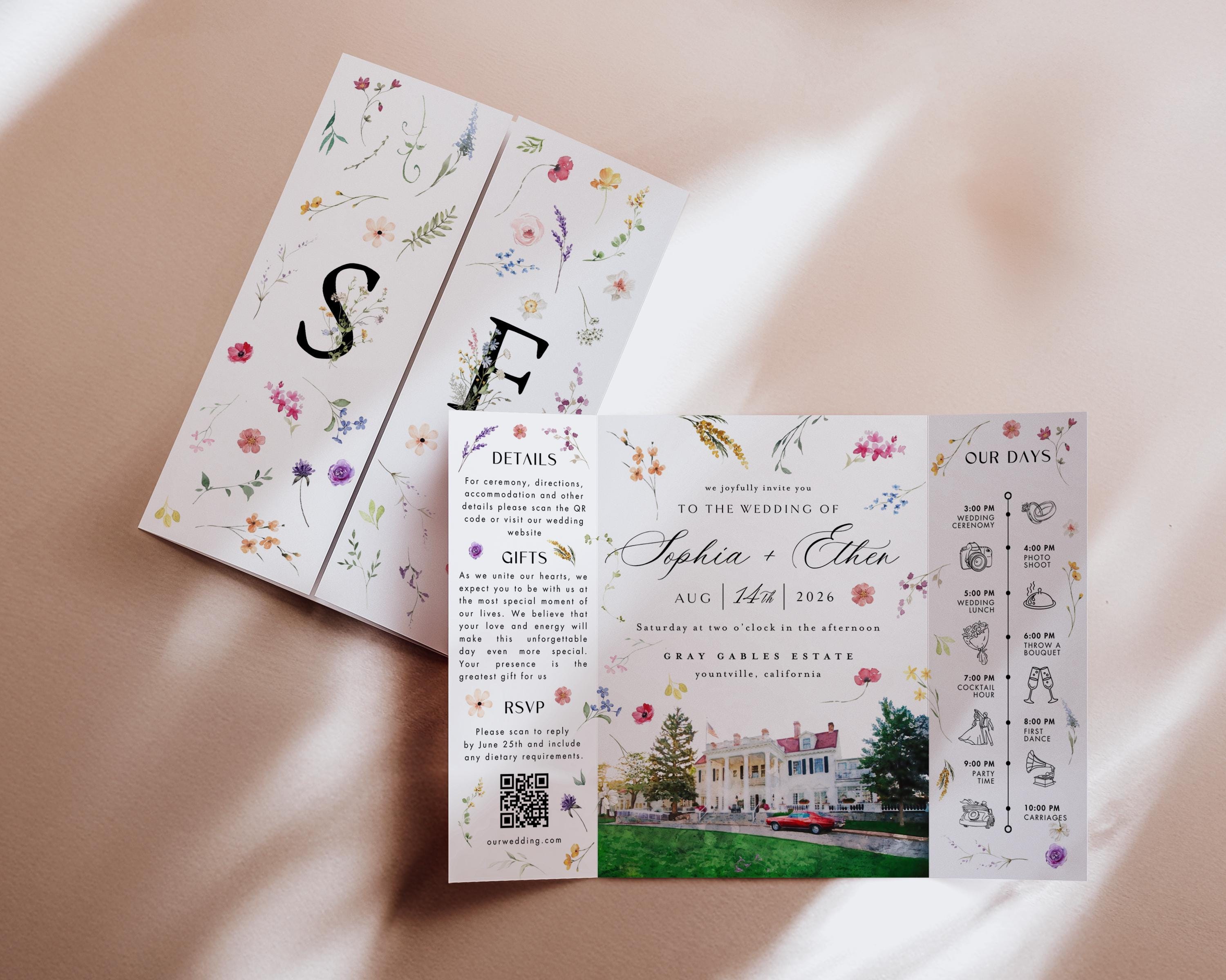 Watercolor Venue Wedding Invitation, Editable Gatefold Canva Template, Custom Invite