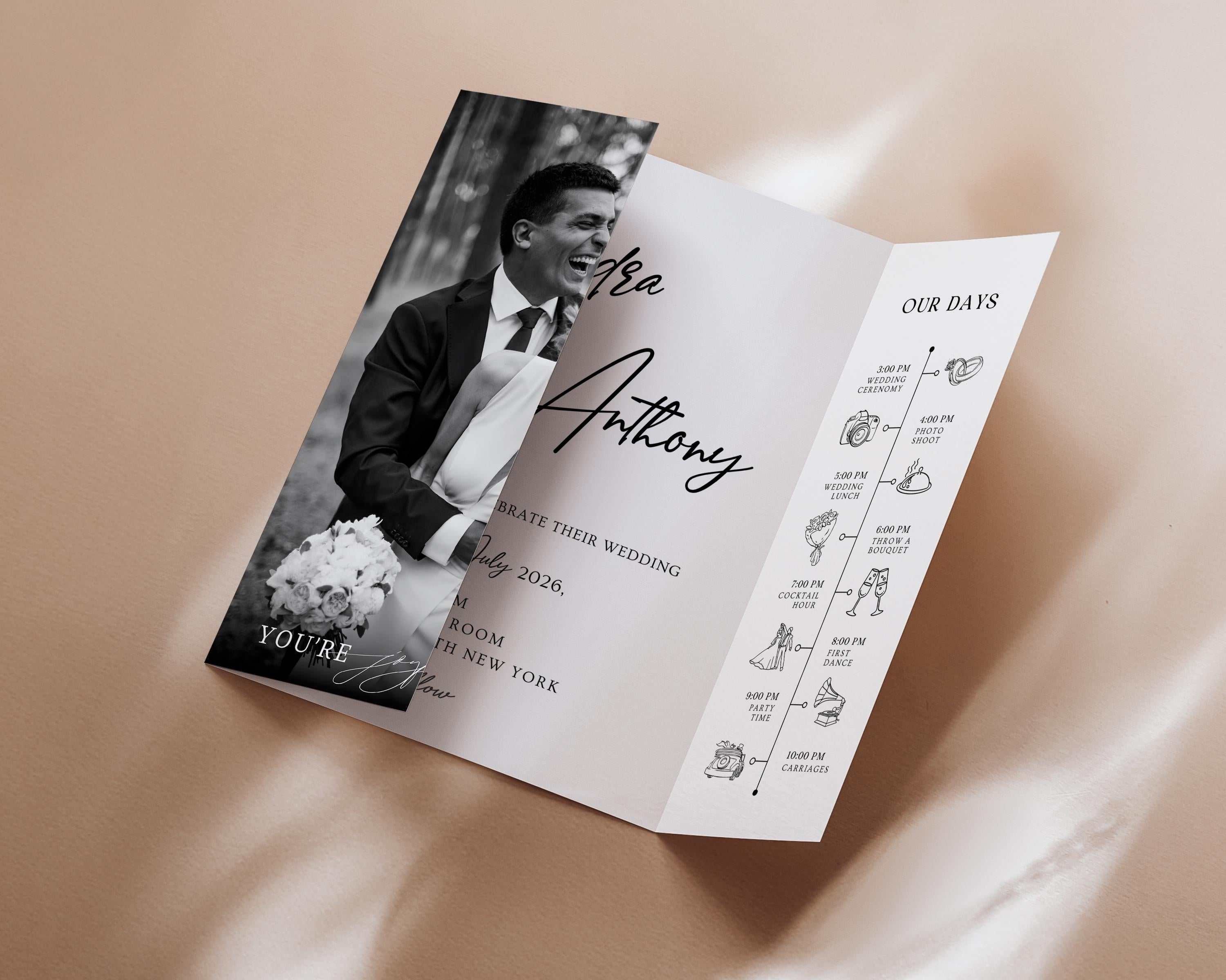 Photo Wedding Invitation Template, Gatefold Trifold, Editable Canva Minimalistic Invite