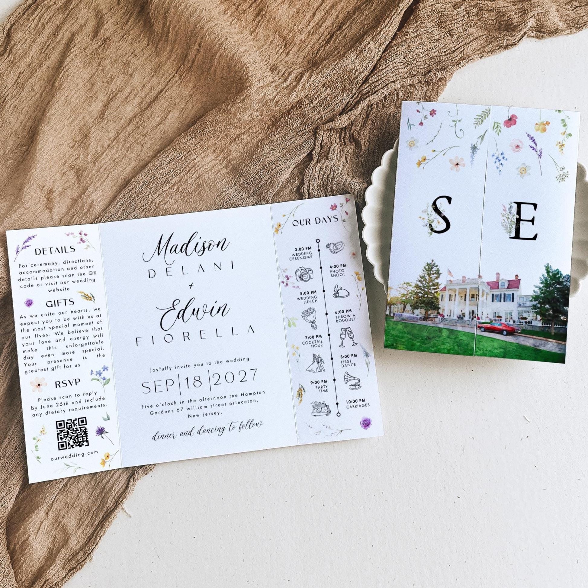 Custom Watercolor Venue Wedding Invitation, Editable Canva Gatefold Invite Template