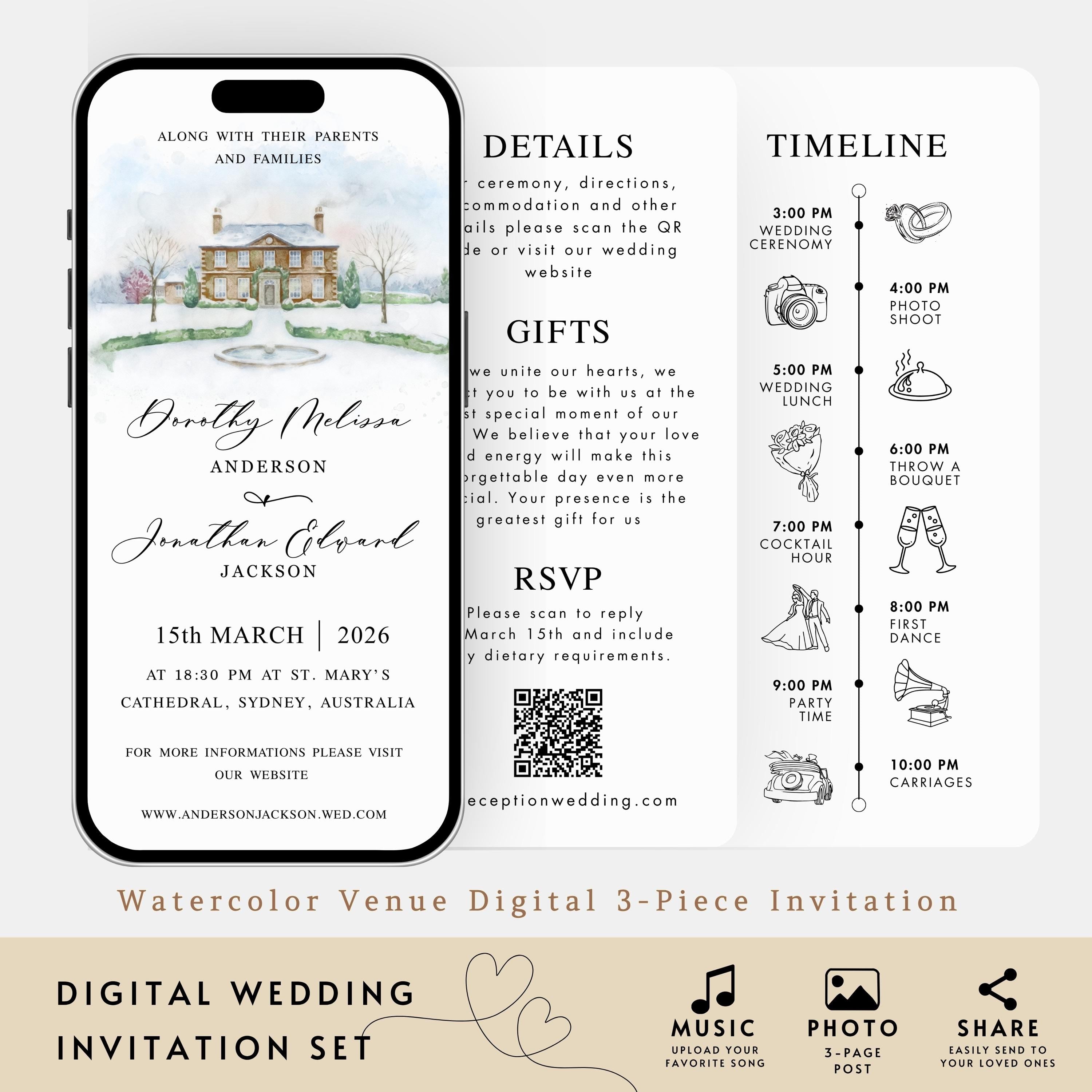 Watercolor Venue Wedding Invitation Suite, Digital Wedding Phone Invitation, Custom electronic venue E-vite, Editable Canva Template