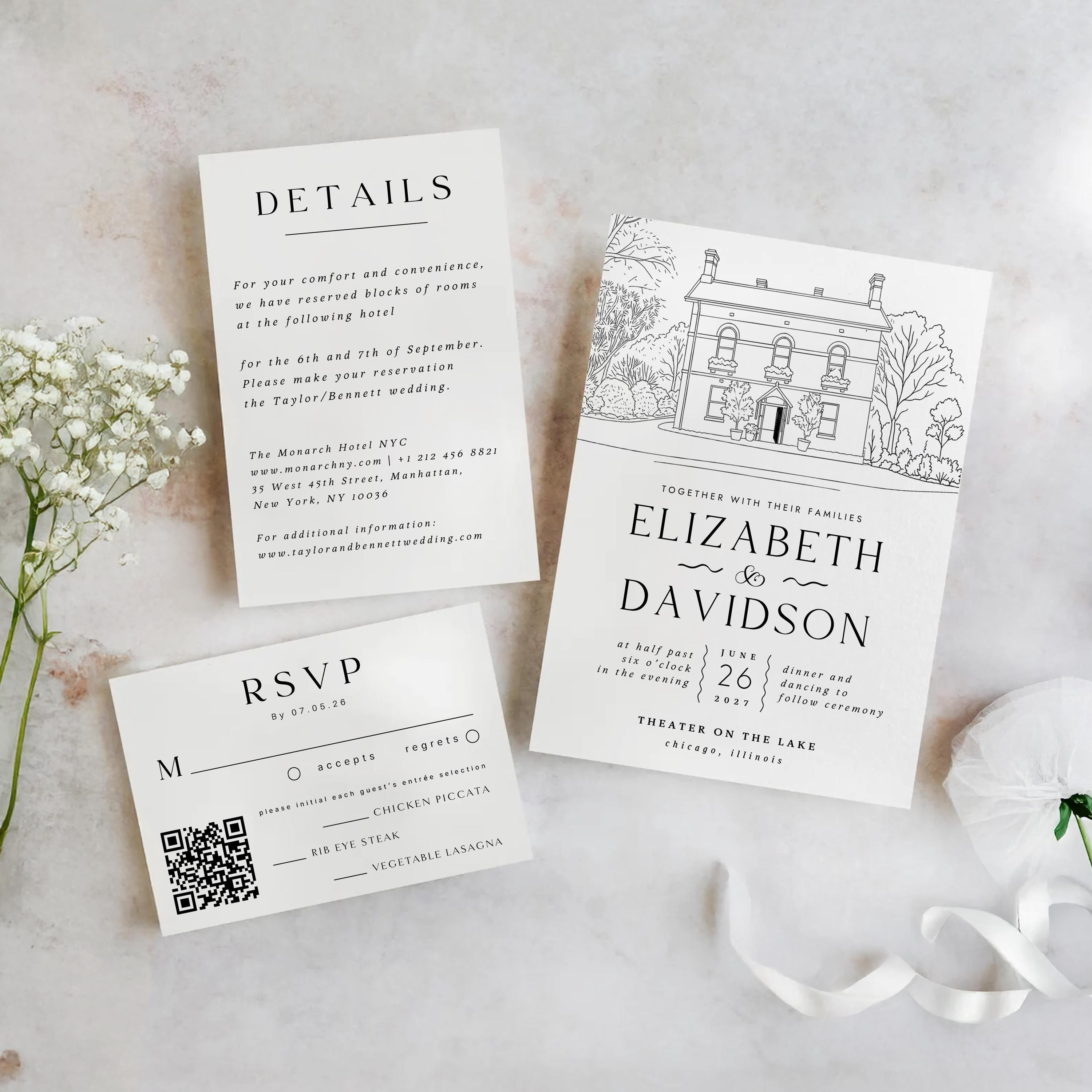 Venue Illustration Wedding Invitation Template: Custom Line Art (Canva Editable, Digital Download )