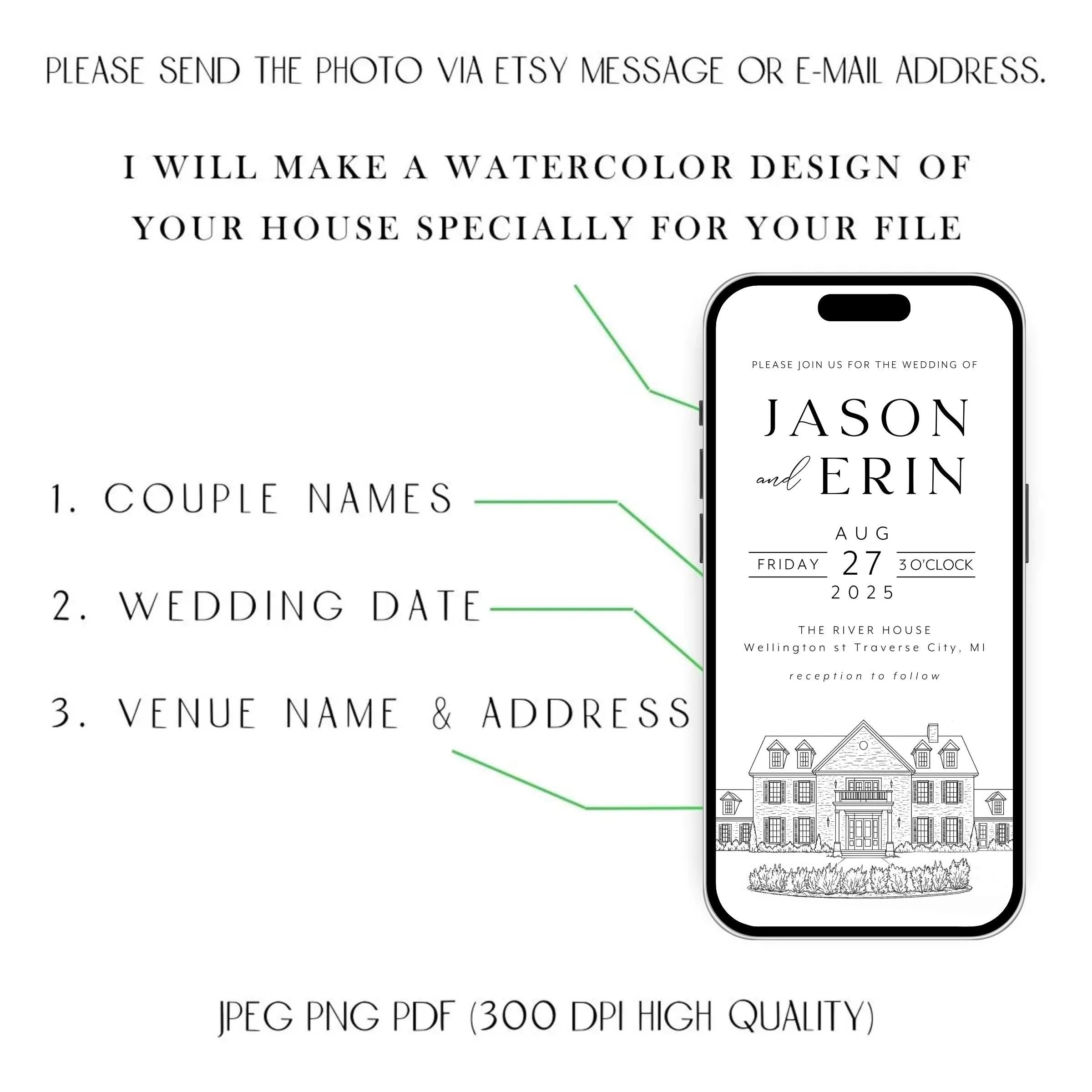 Venue Sketch Save the Date: Digital Wedding Invitation (JPEG, PNG, PDF