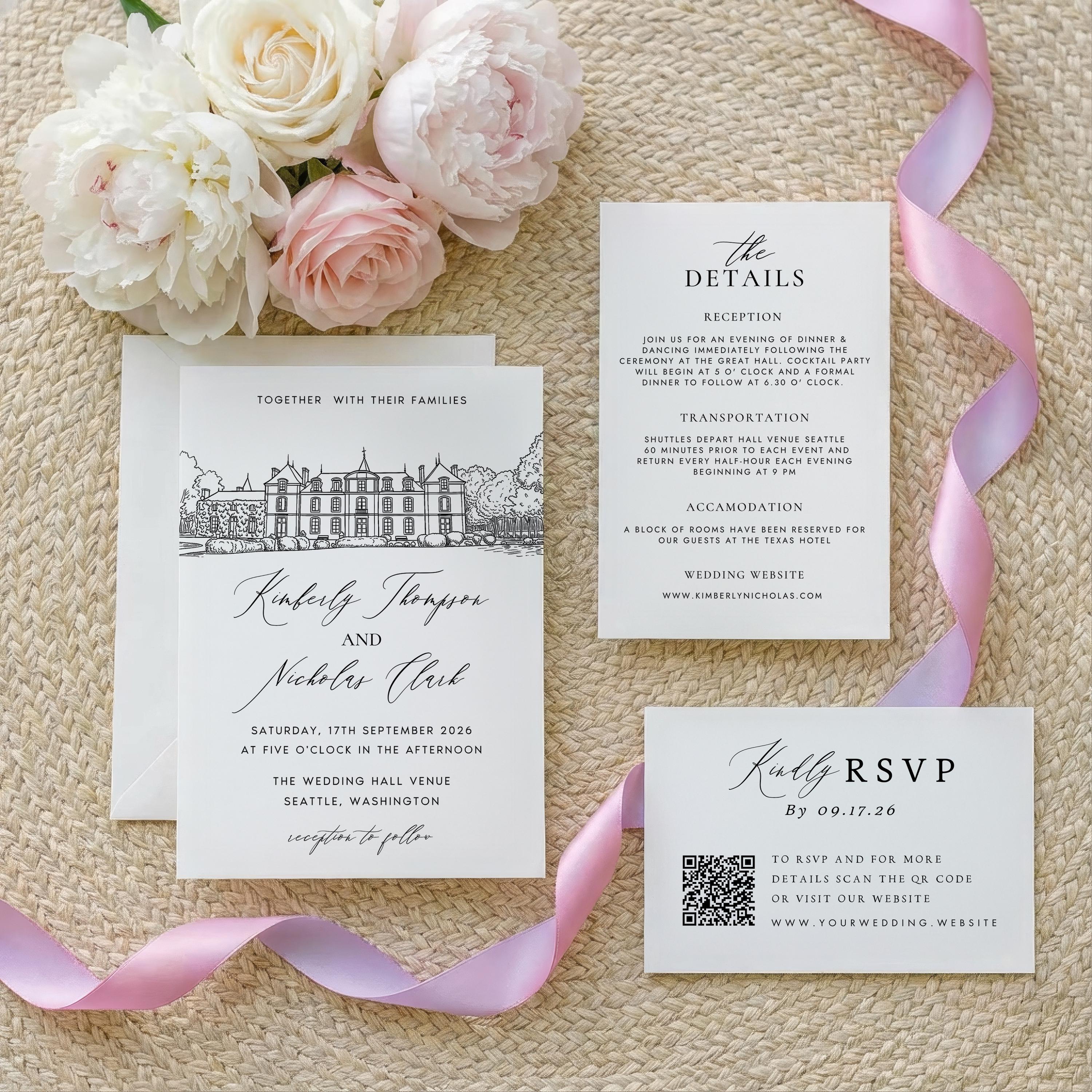 Personalized Wedding Venue Sketch Invitation Suite, Fully Editable DIY Canva Template, Wedding Stationery Bundle