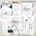 Custom Wedding Venue Lineart Invitation Bundle | Modern Wedding Sketch Illustration Invite | Editable Canva Template