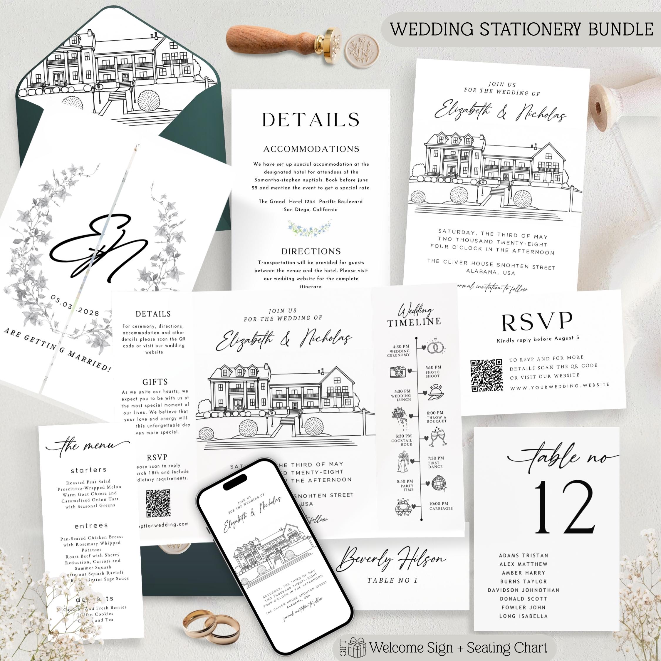 Custom Wedding Venue Lineart Invitation Bundle | Modern Wedding Sketch Illustration Invite | Editable Canva Template