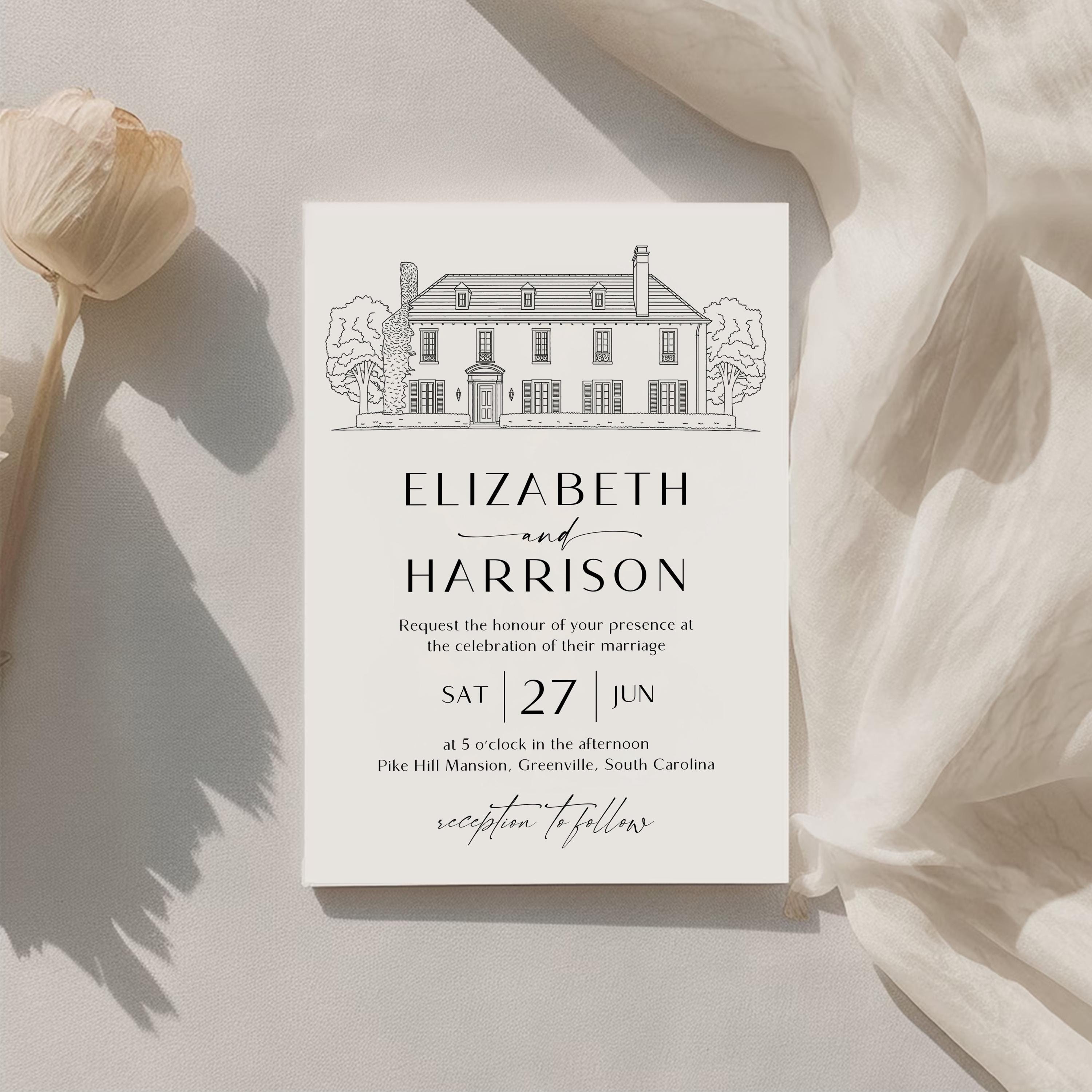Wedding Venue Line Art Invitation: Custom Venue Sketch (DIY Canva Template)