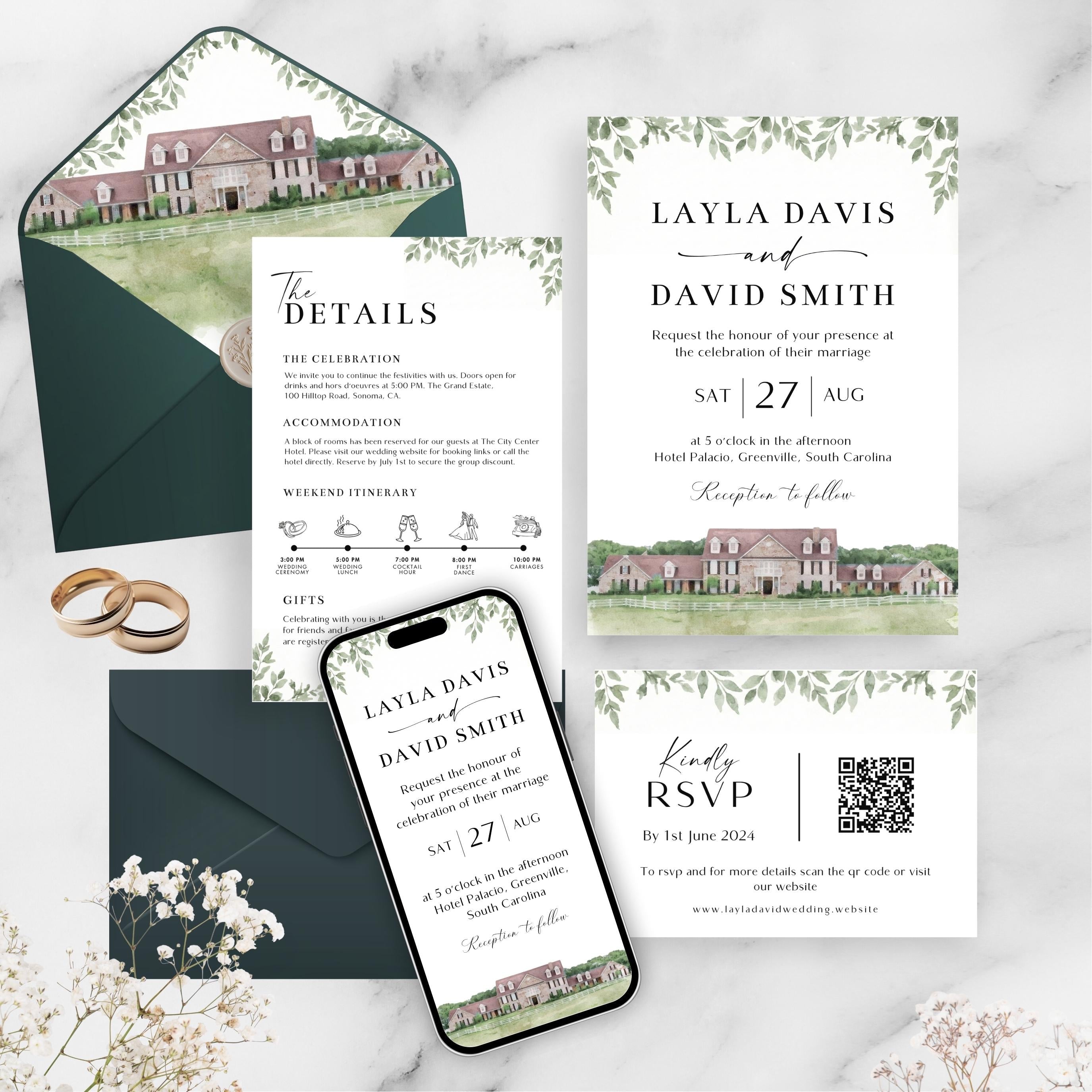 Custom Watercolor Venue Wedding Invitation | Printable Wedding Stationery Bundle | Editable Canva Template