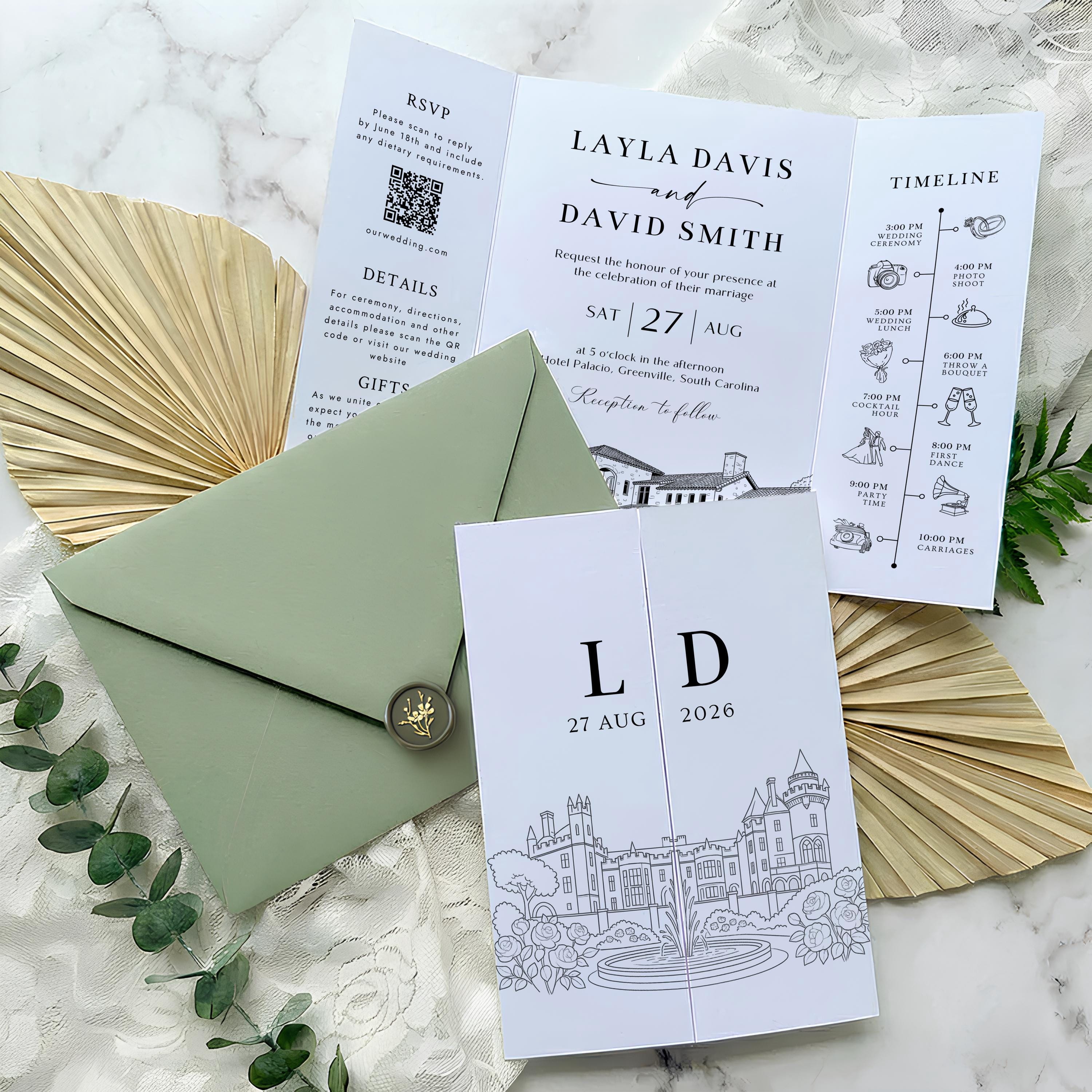 Custom Wedding Venue Lineart Invitation Bundle | Modern Wedding Sketch Illustration Invite | Editable Canva Template