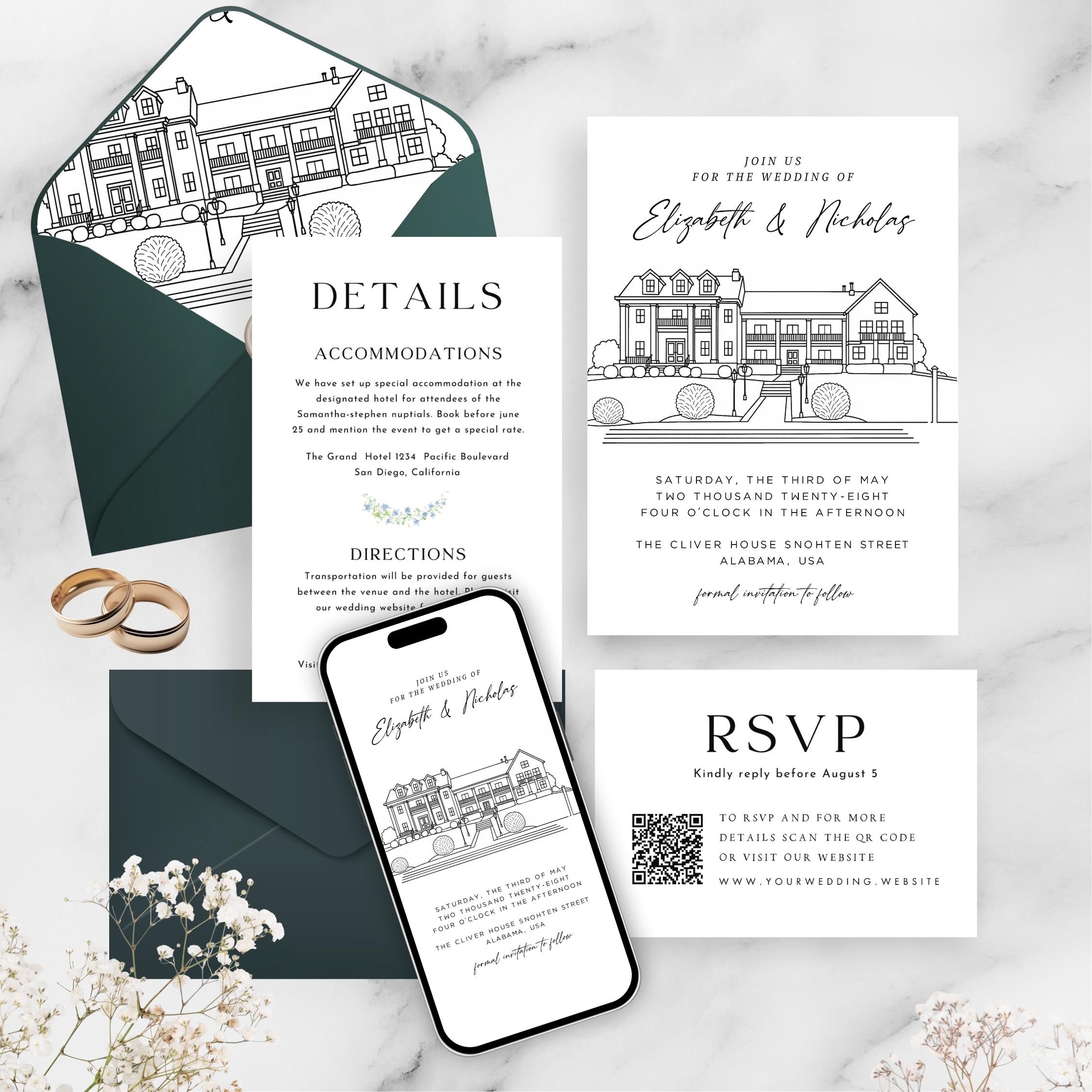 Personalized Wedding Venue Sketch Invitation Suite, Fully Editable DIY Canva Template, Wedding Stationery Bundle