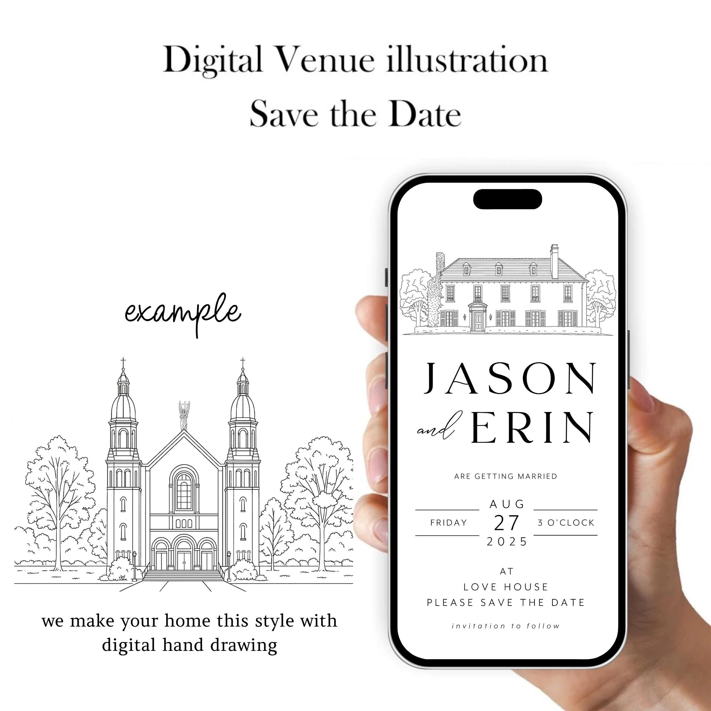Venue Sketch Save the Date: Digital Wedding Invitation (JPEG, PNG, PDF