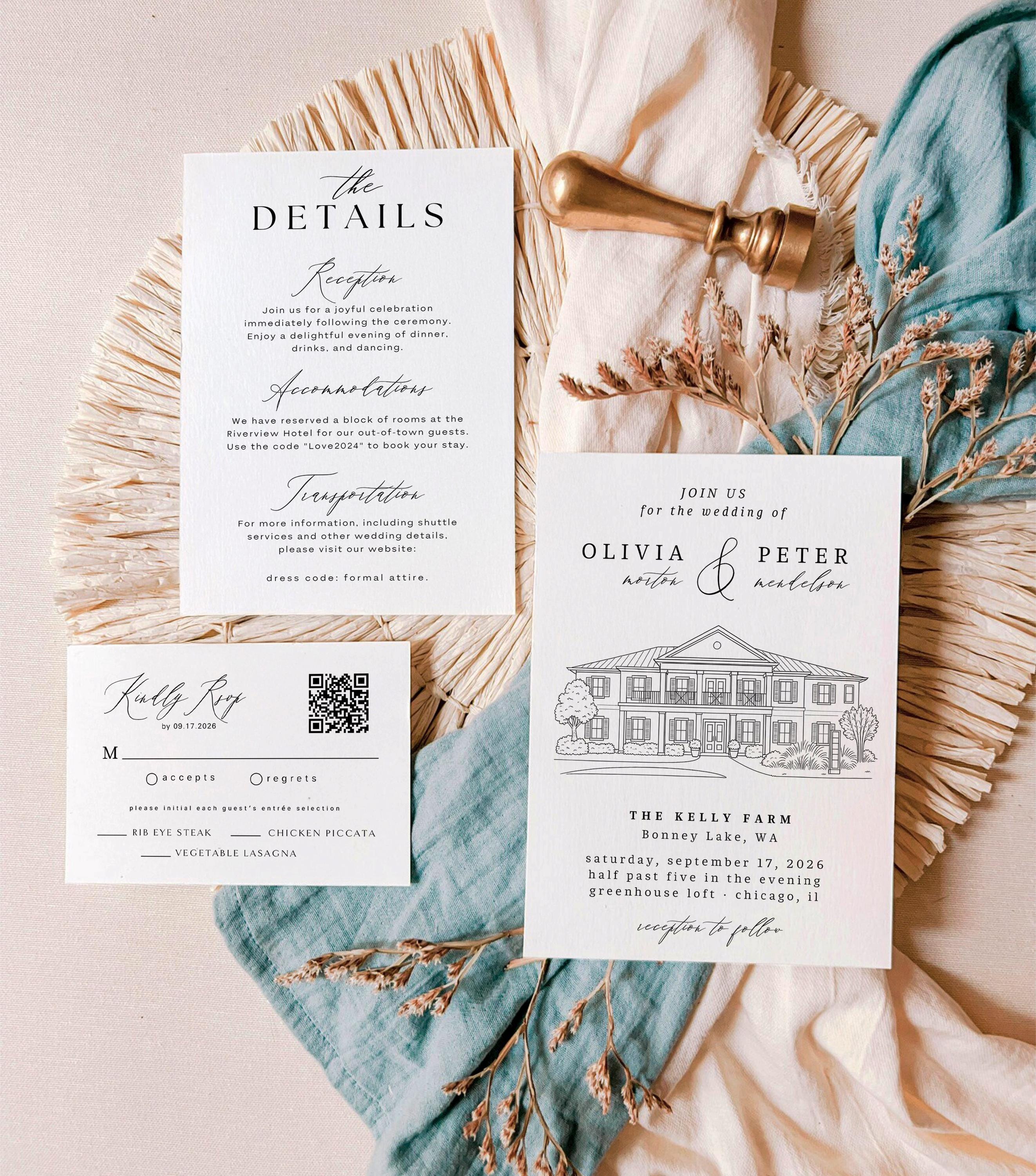 Venue Illustration Wedding Invitation Template: Custom Line Art