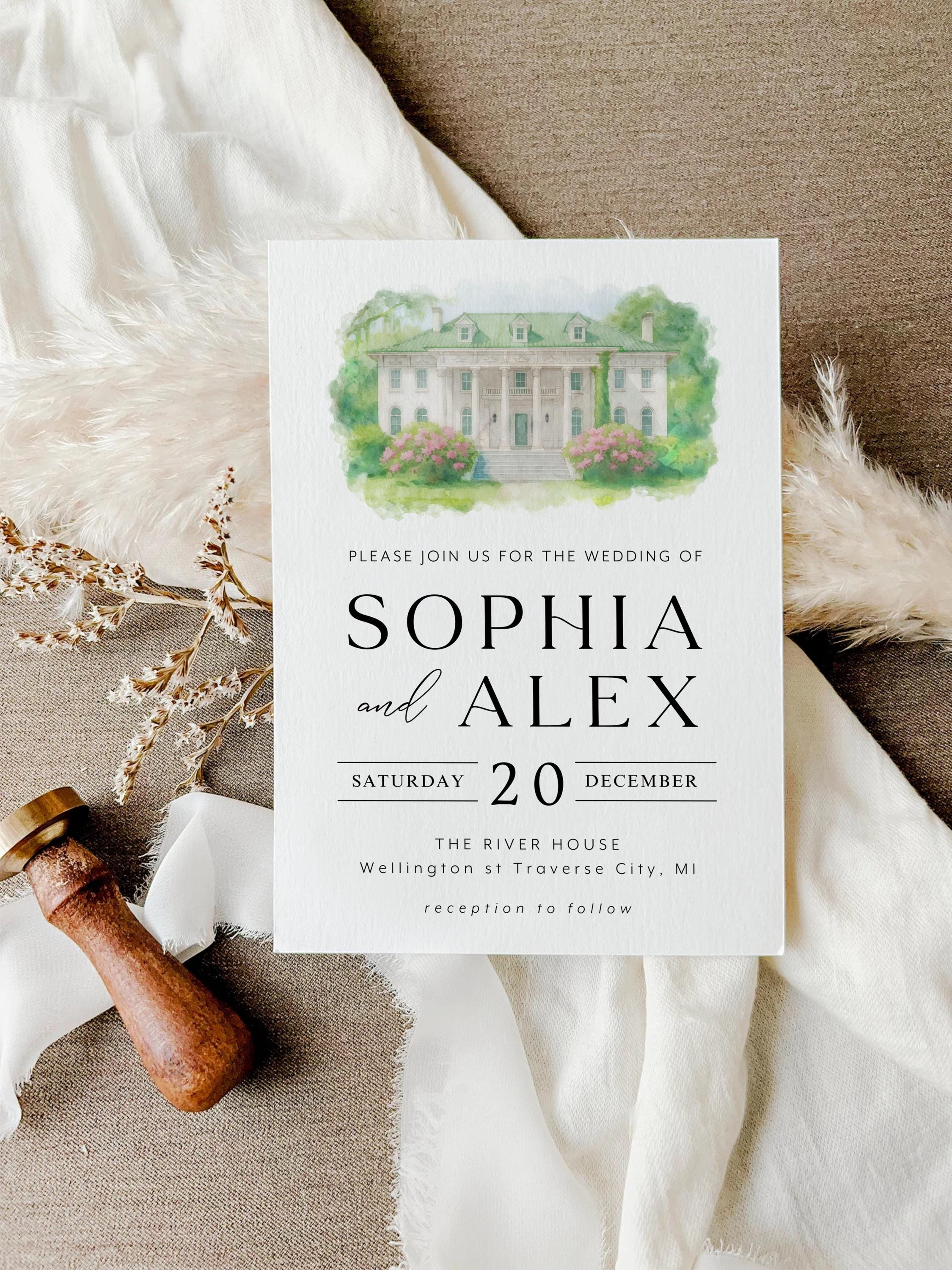 Custom Watercolor Venue Wedding Invitation Set Template, Include details and rsvp (Canva Template)