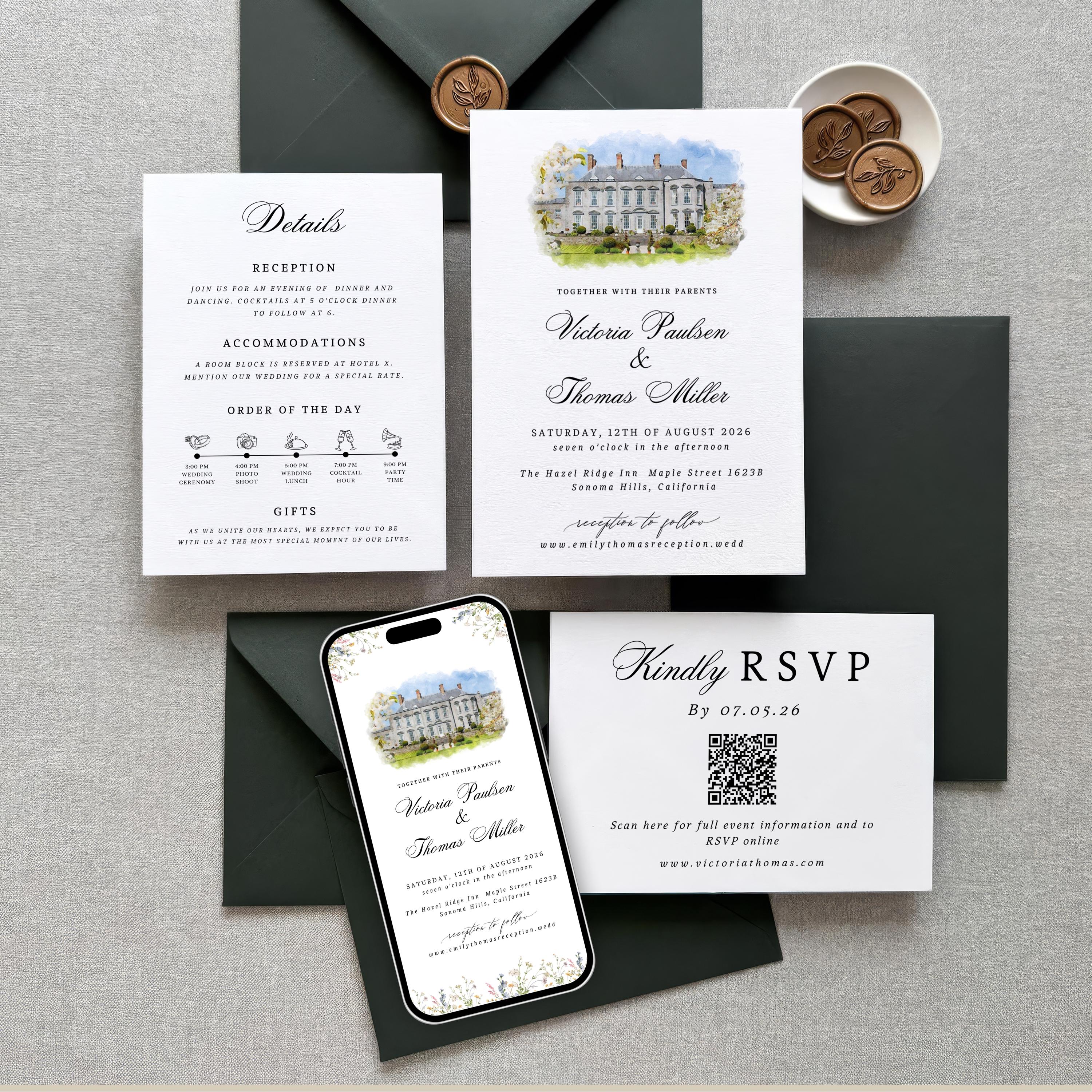 Custom Watercolor Venue Wedding Invitation Suite | Modern Invite set | Editable Canva Template