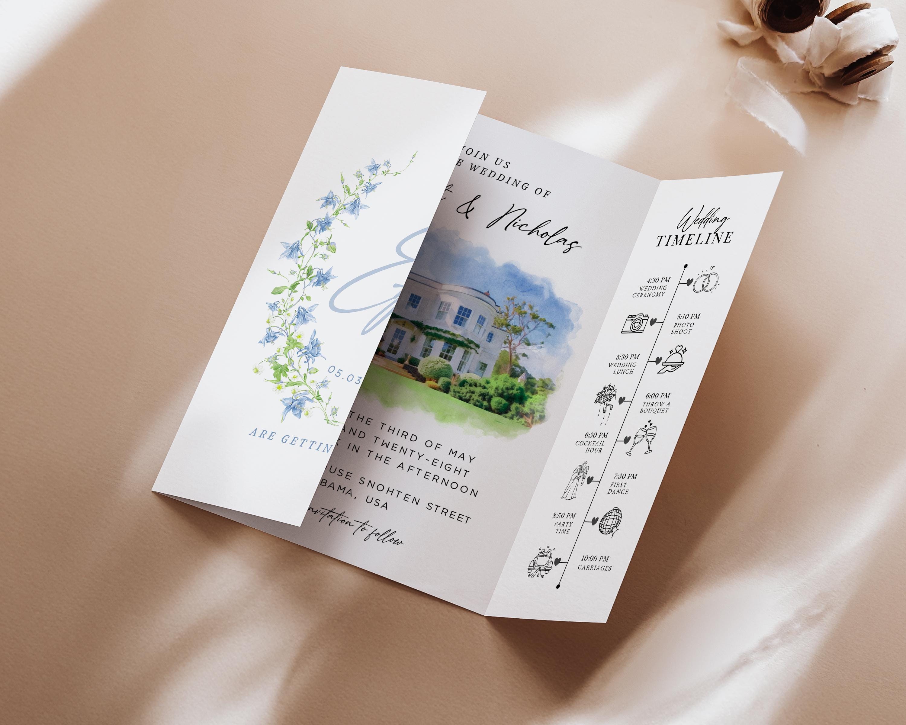 Personalized Watercolor Venue Wedding Invitation | Editable Canva Custom Gatefold Invite | Modern Wedding Template