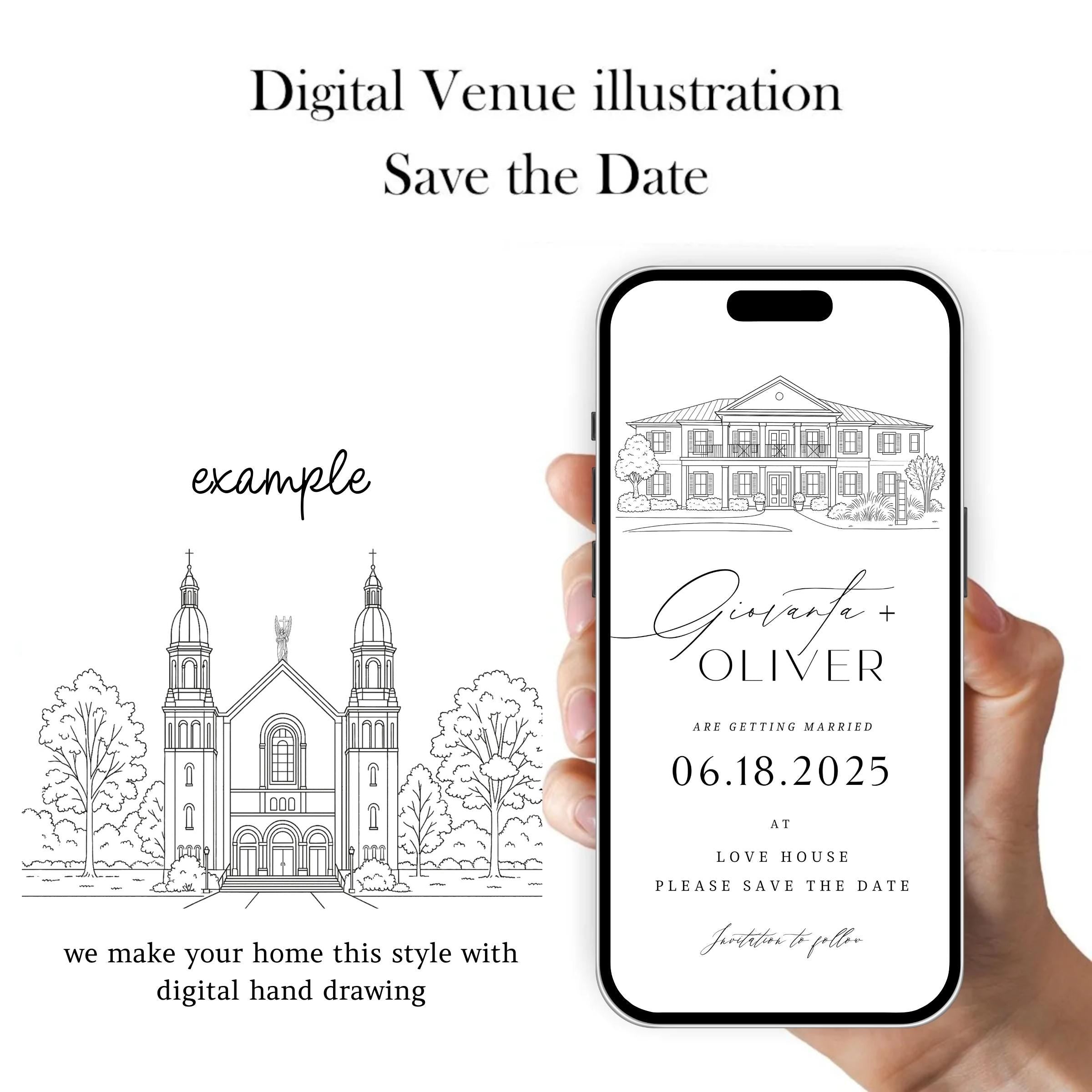Venue Sketch Save the Date: Digital Wedding Invitation (JPEG, PNG, PDF