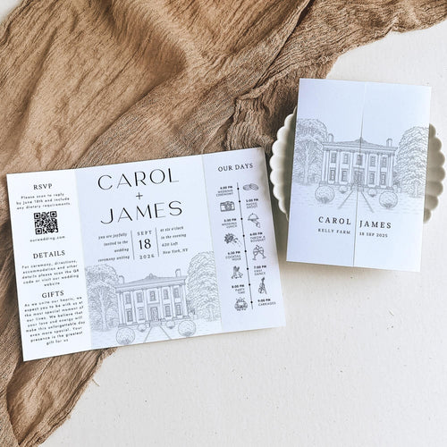 Custom Sketch Venue Gatefold Invitation | Editable Canva Lineart Gatefold Invite | Modern Wedding Template