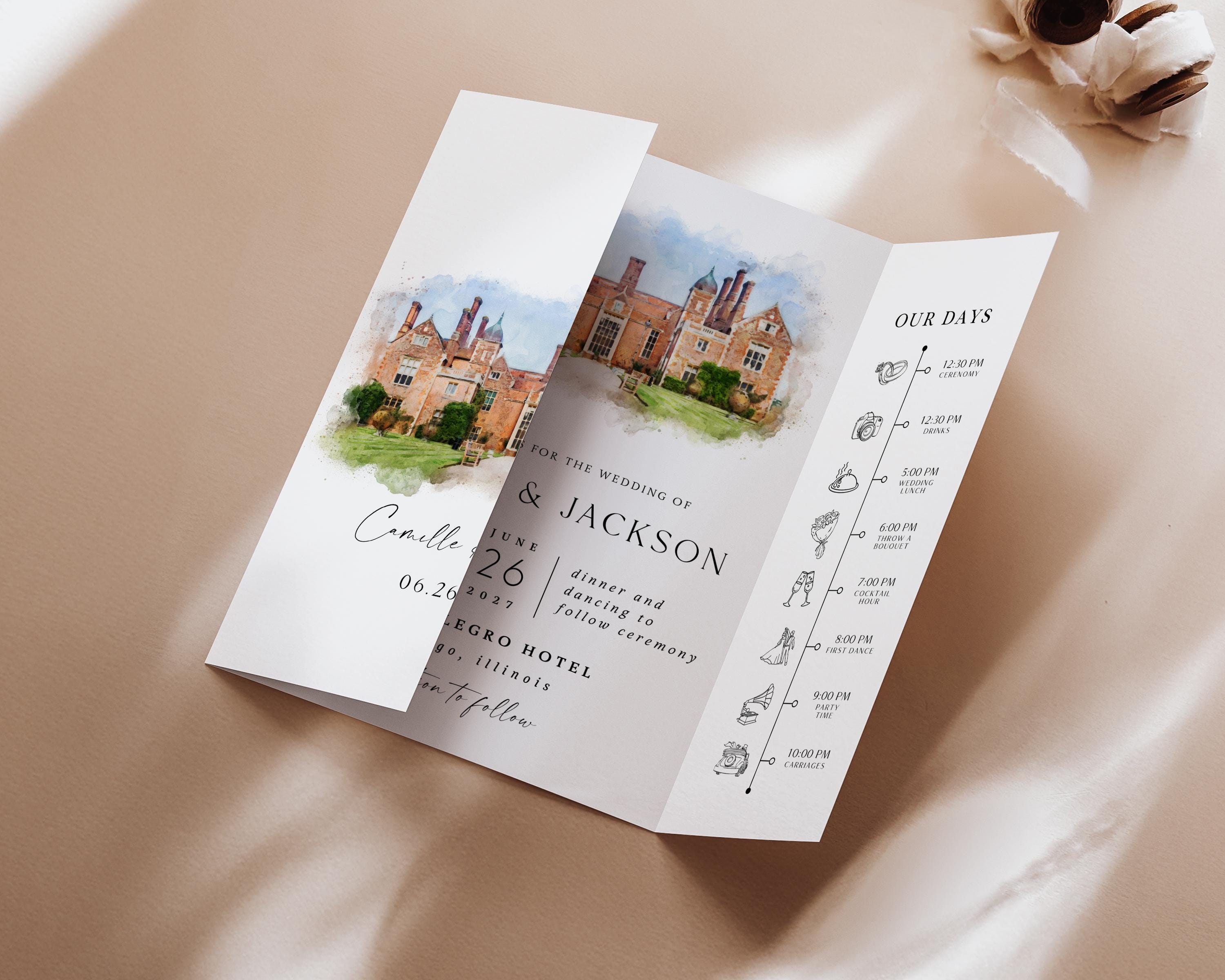 Watercolor Venue Wedding Invitation, Editable Gatefold Canva Template, Custom Invite