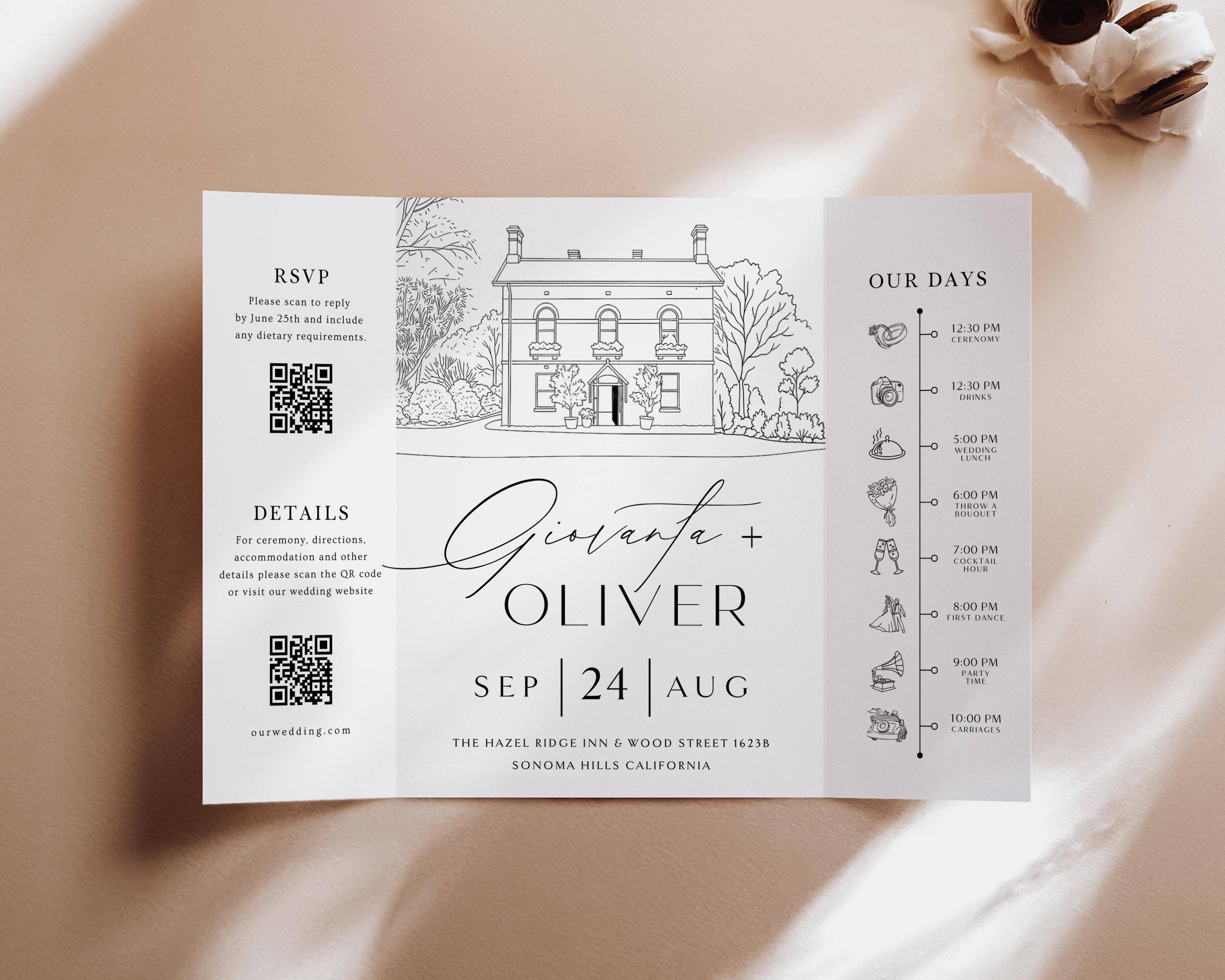 Custom Wedding Venue Invitation: Line Drawing Gatefold Template (Digital Download,)