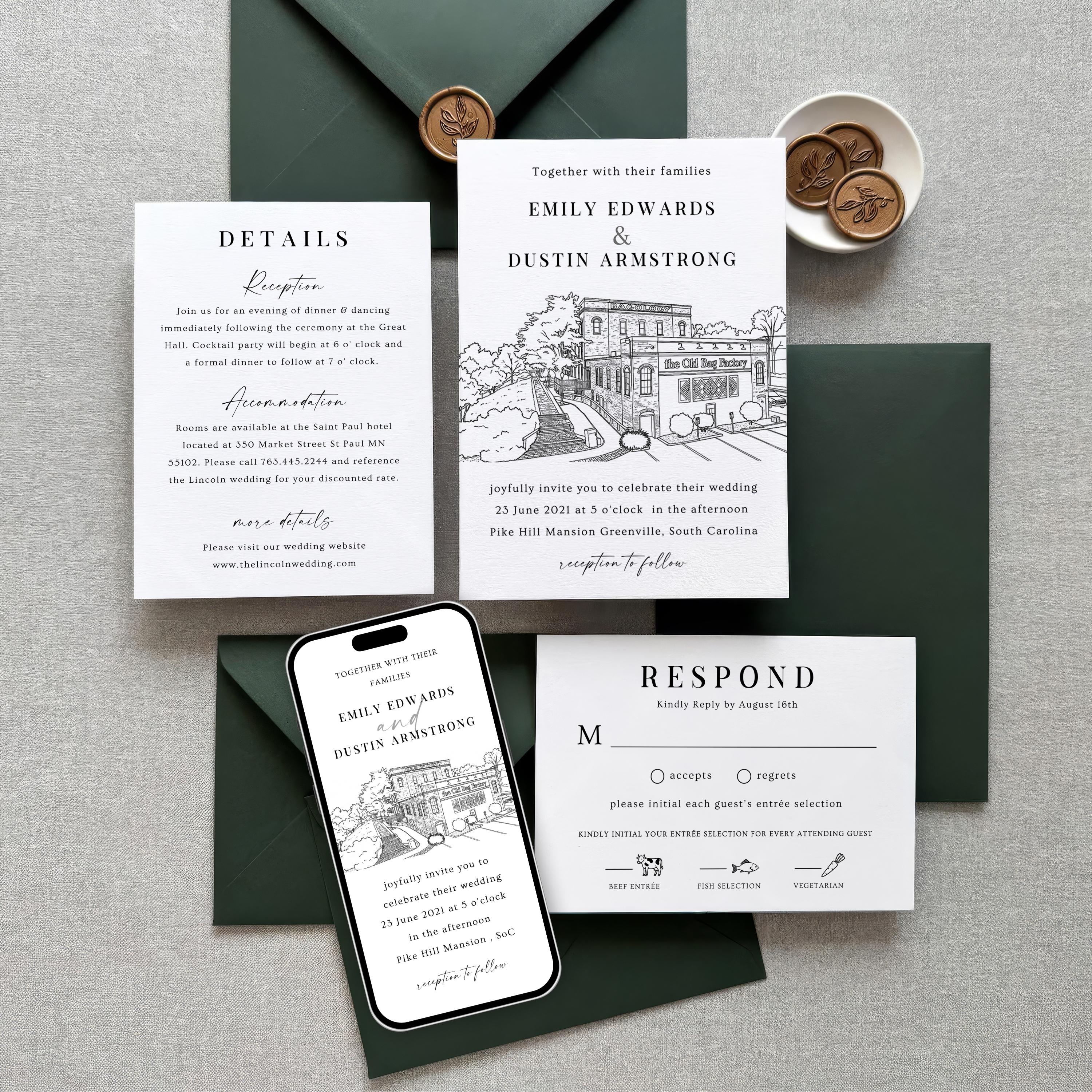 Custom Wedding Venue Lineart Invitation Bundle | Modern Wedding Sketch Illustration Invite | Editable Canva Template