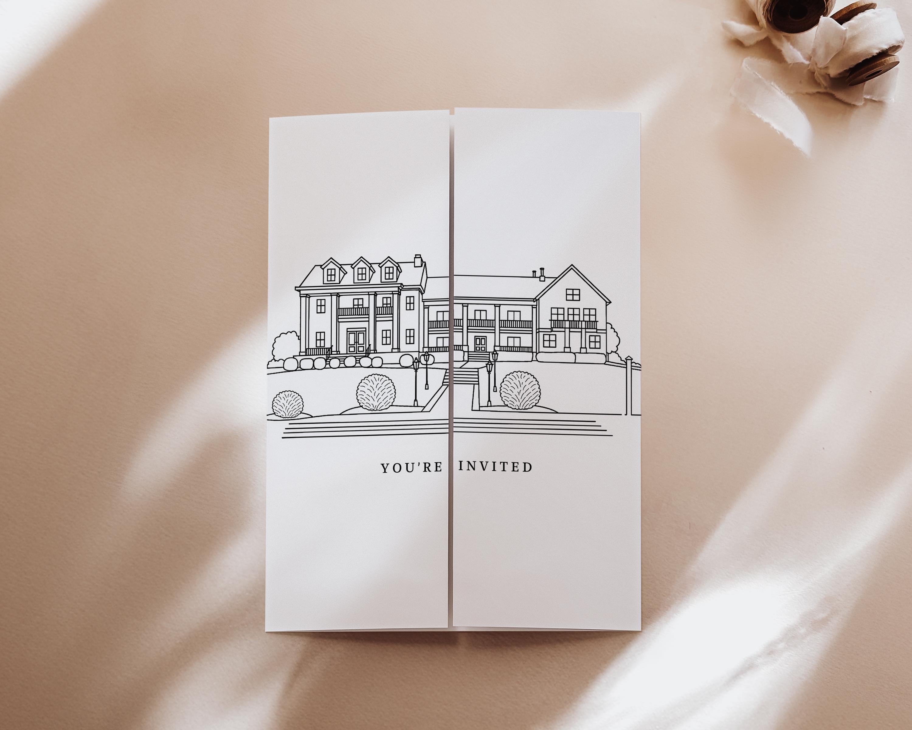 Custom Sketch Venue Gatefold Invitation | Editable Canva Lineart Gatefold Invite | Modern Wedding Template