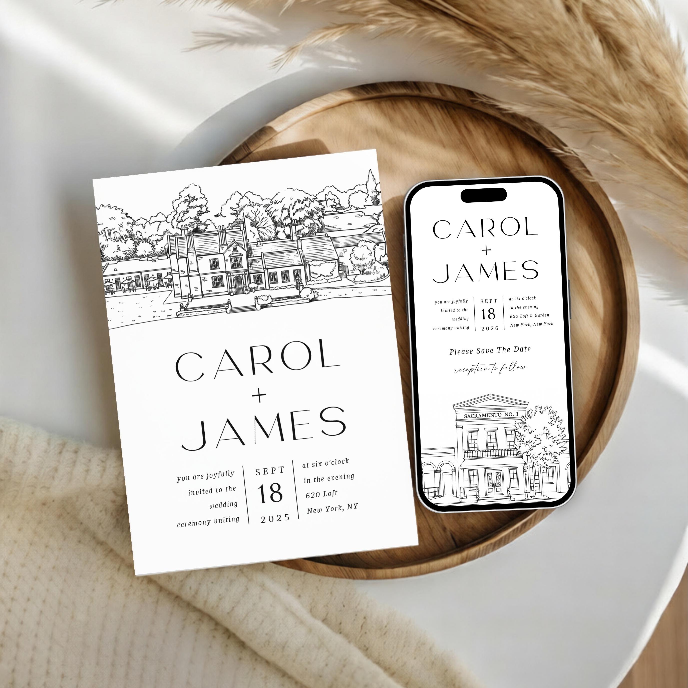 Personalized Wedding Venue Sketch Invitation Suite | Modern Wedding Stationery Bundle | Editable Canva Template