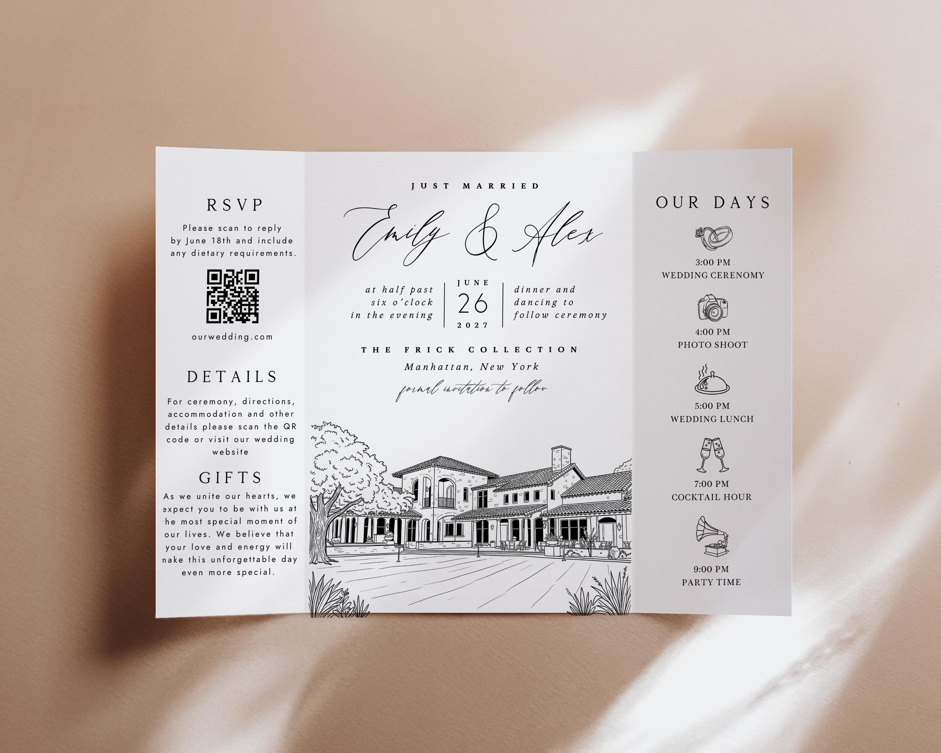 Custom Sketch Venue Gatefold Invitation | Editable Canva Lineart Gatefold Invite | Modern Wedding Template
