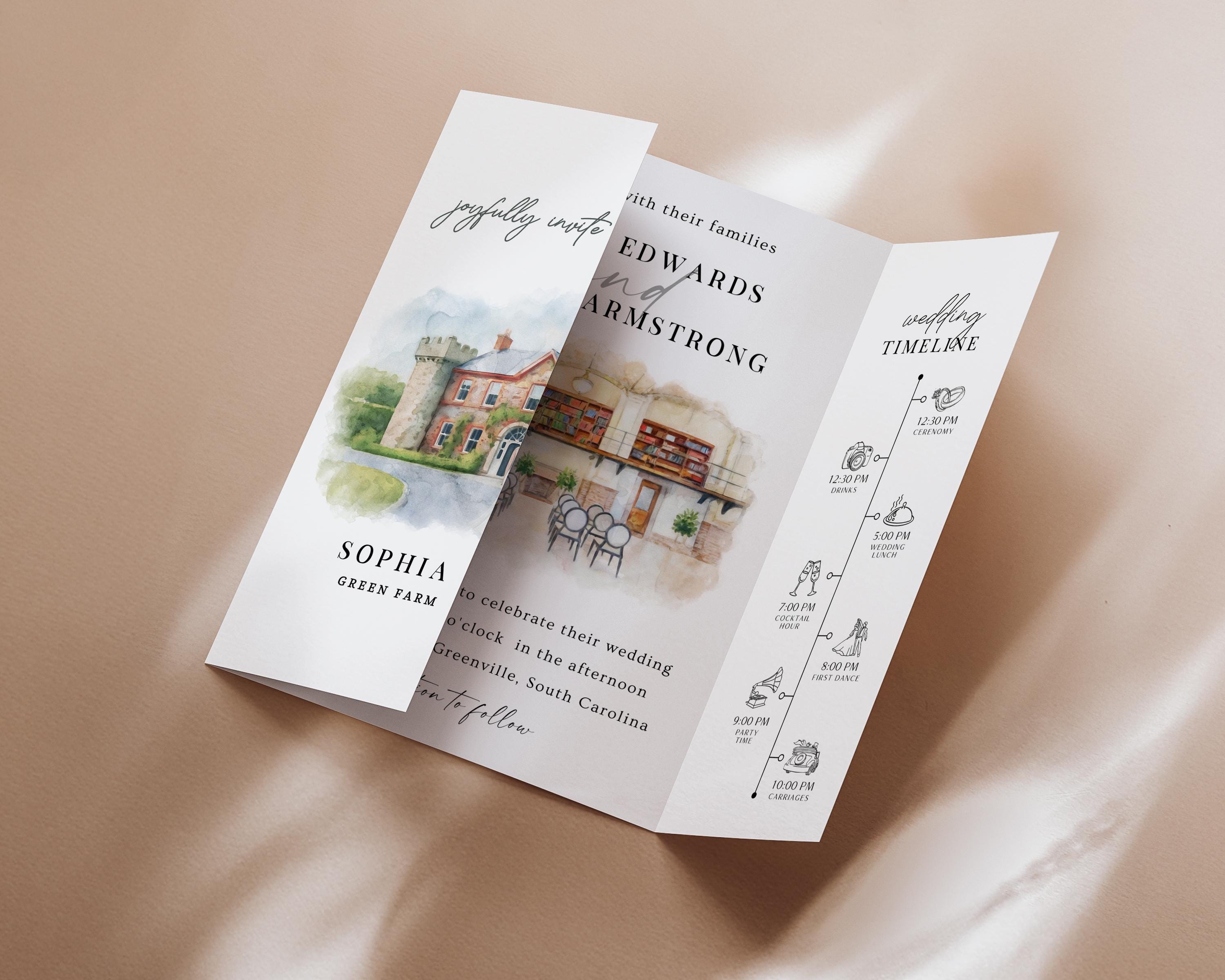 Personalized Watercolor Venue Wedding Invitation | Editable Canva Custom Gatefold Invite | Modern Wedding Template