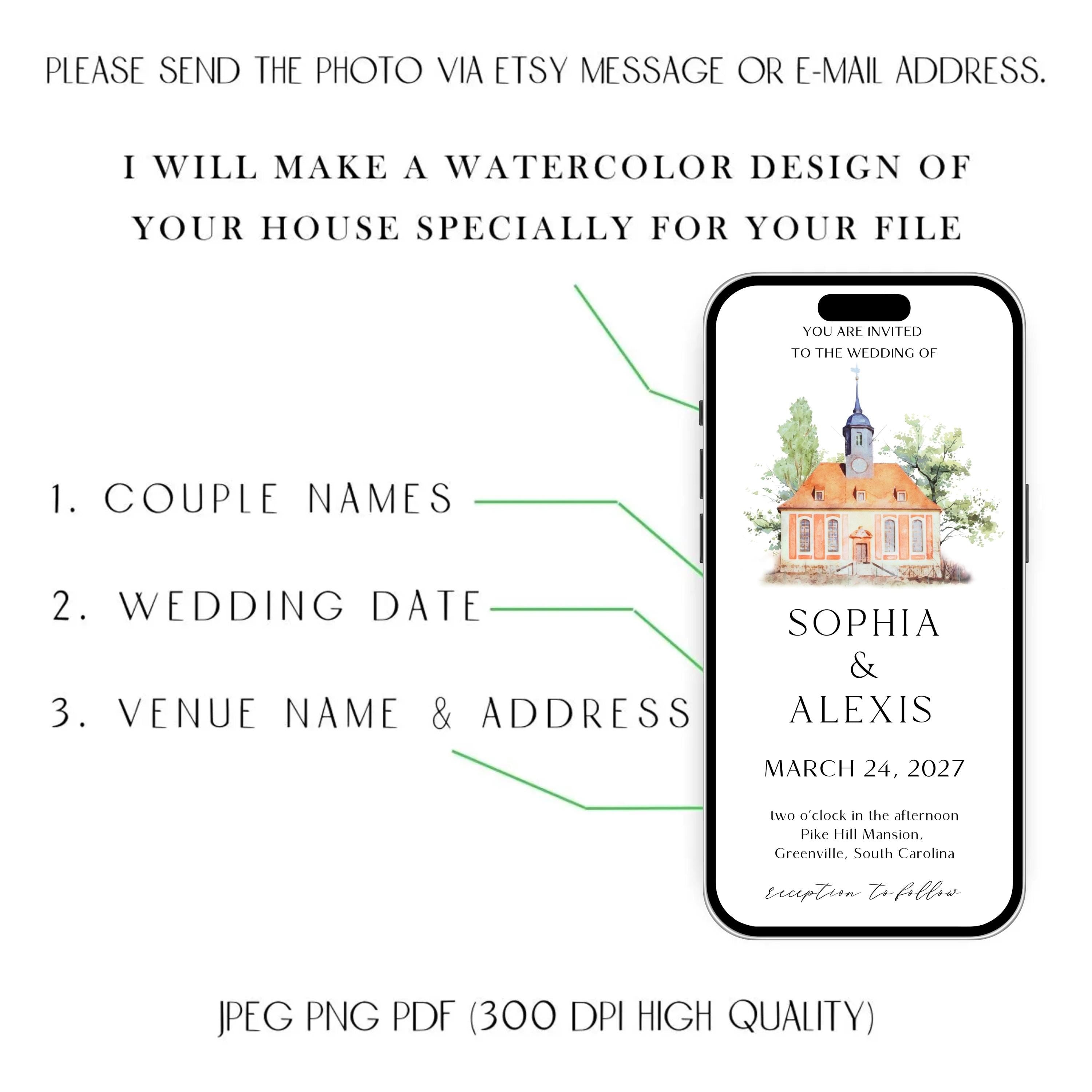 Digital Venue Sketch Save the Date: Watercolor Wedding E-vite (JPEG, PNG, PDF