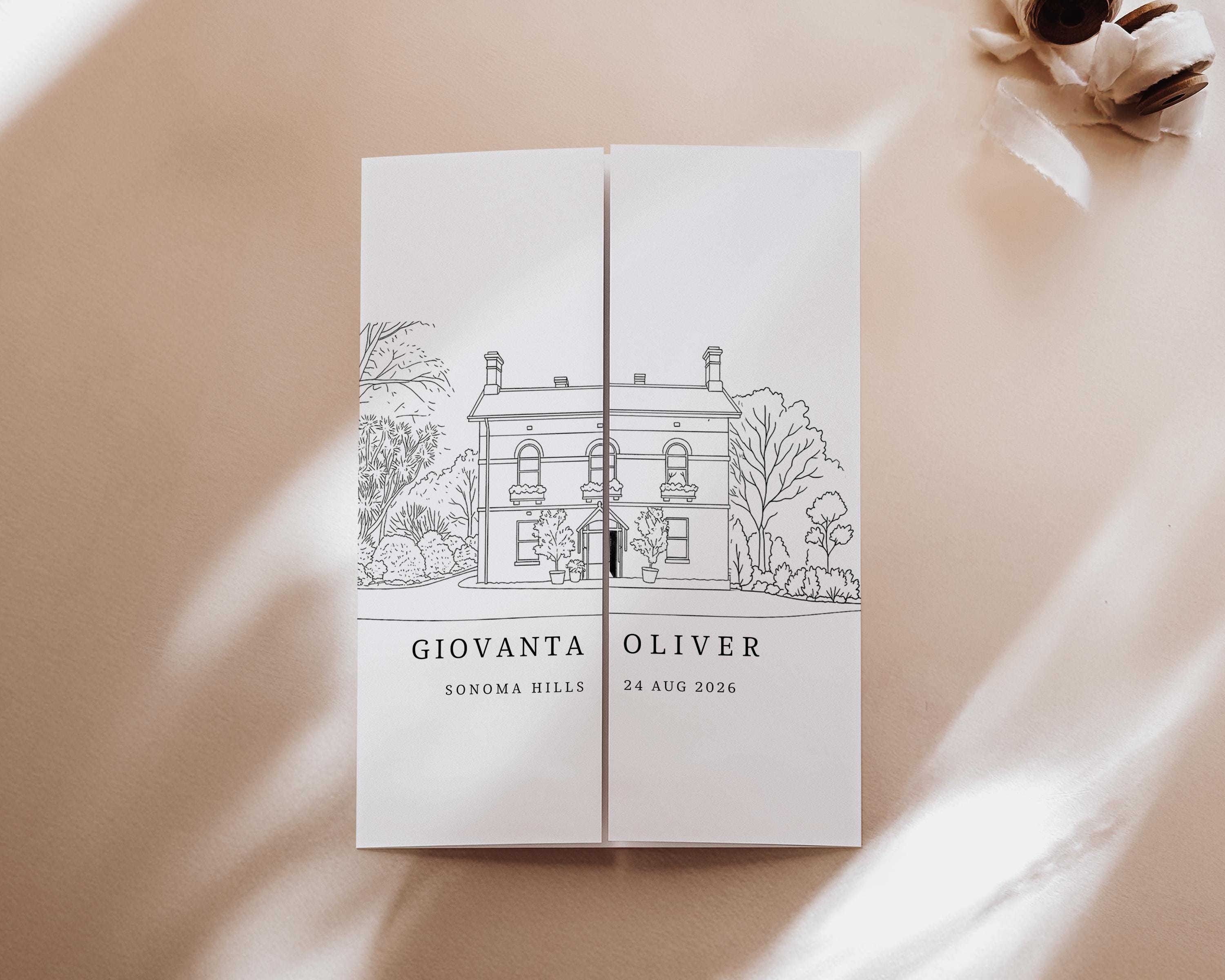 Custom Wedding Venue Invitation: Line Drawing Gatefold Template (Digital Download,)