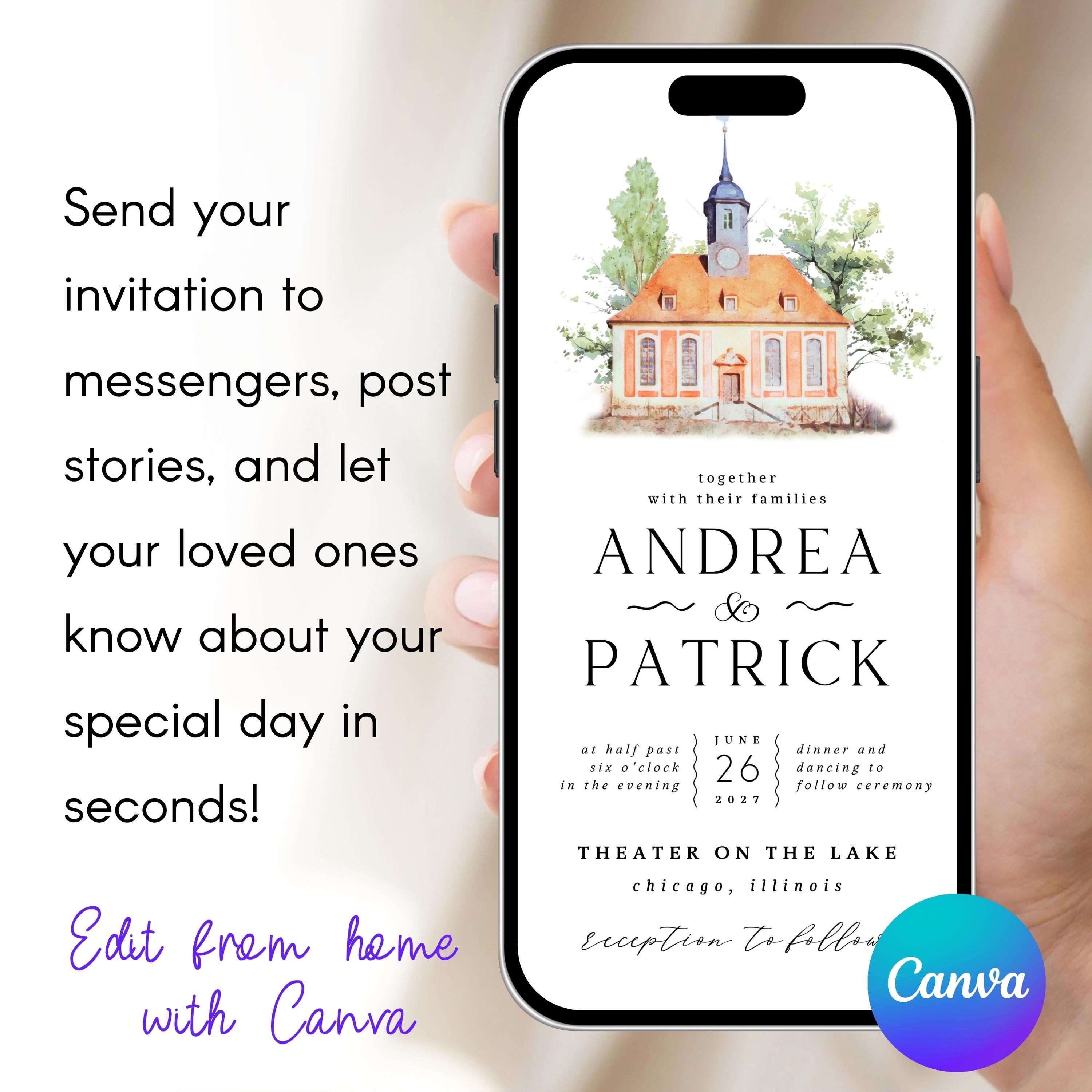 Digital Venue Sketch Save the Date: Watercolor Wedding E-vite (JPEG, PNG, PDF