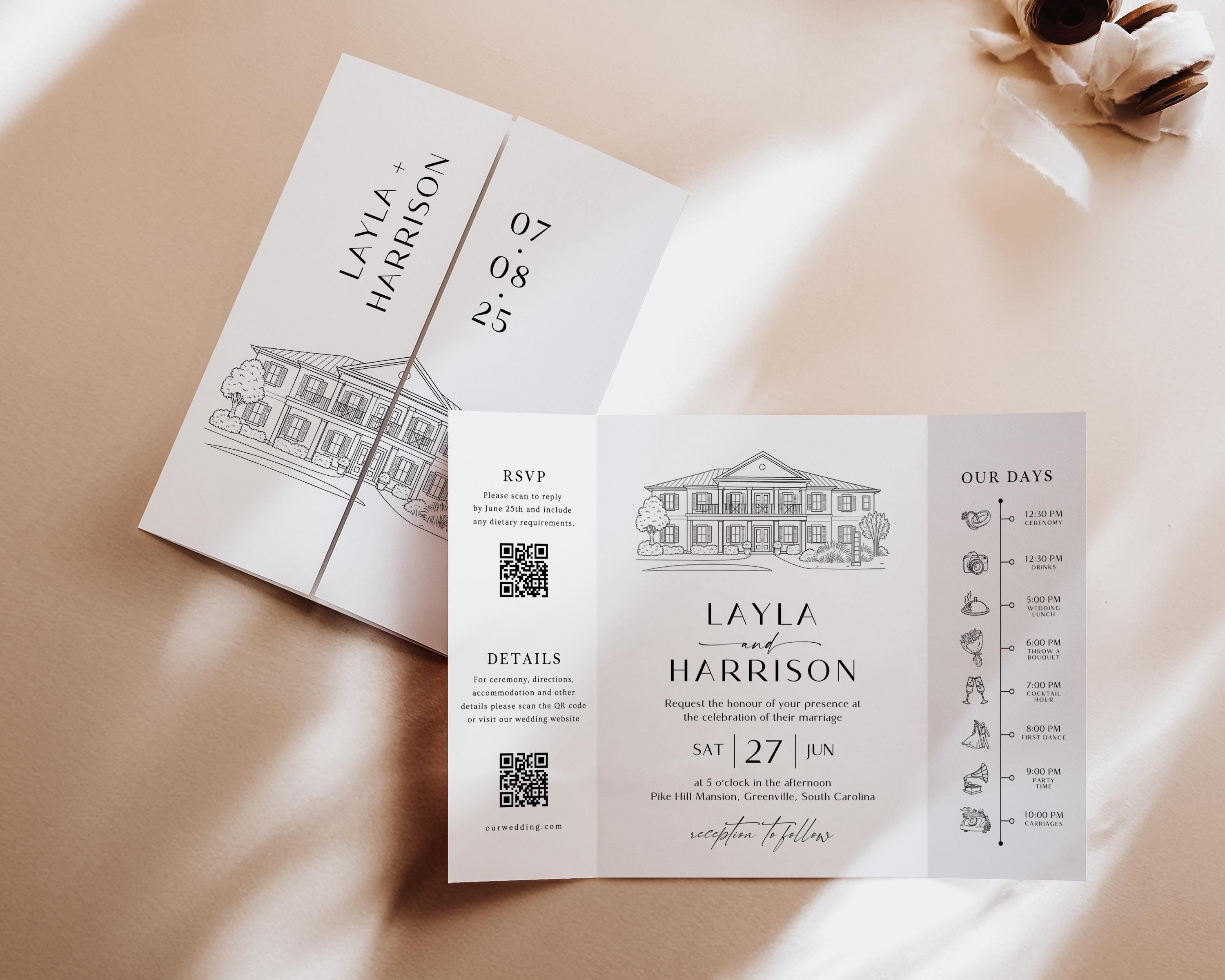 Custom Wedding Venue Illustration Invitation: Line Drawing Gatefold (Canva Template, Digital Download)