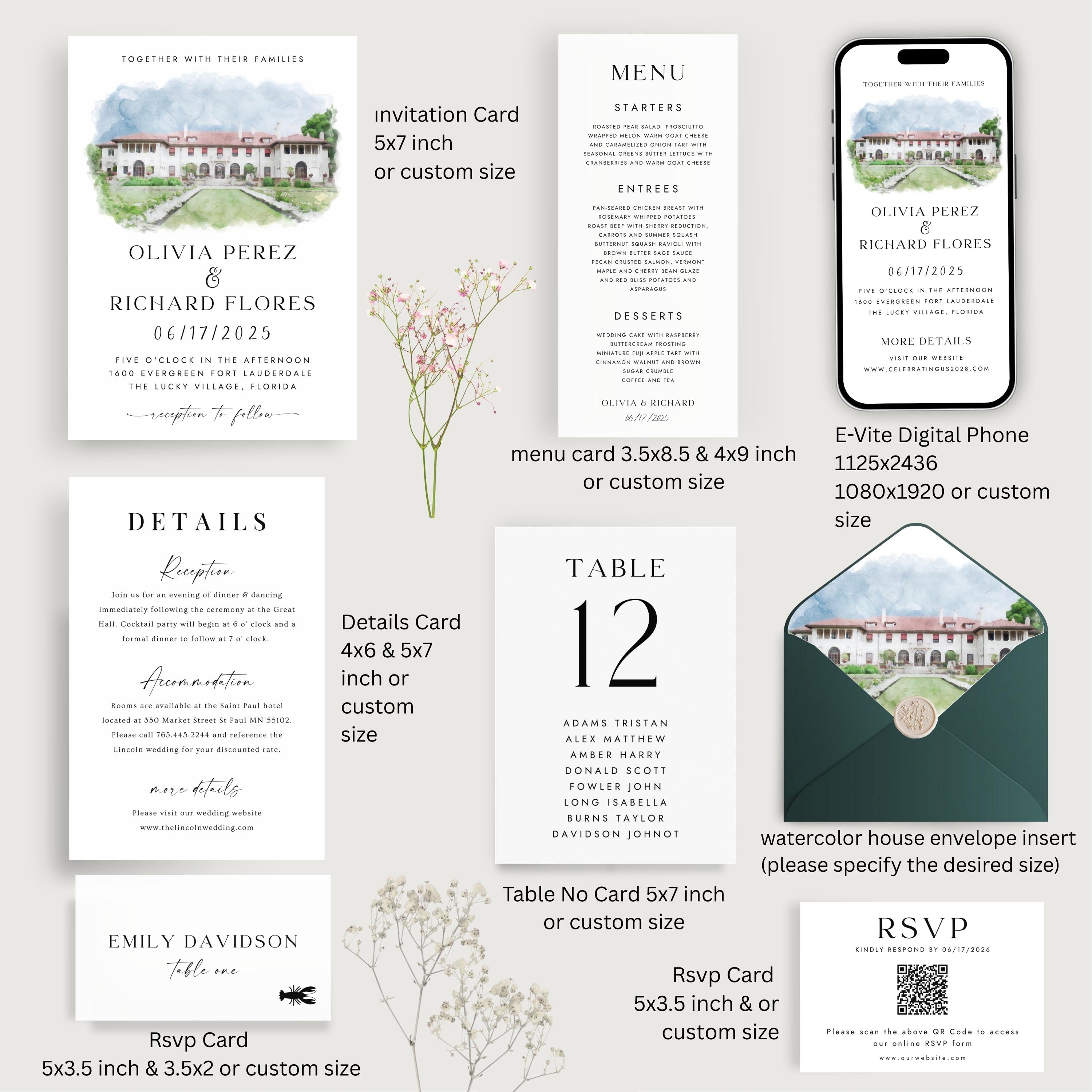 Custom Watercolor Venue Wedding Invitation Suite | Modern Invite set | Editable Canva Template