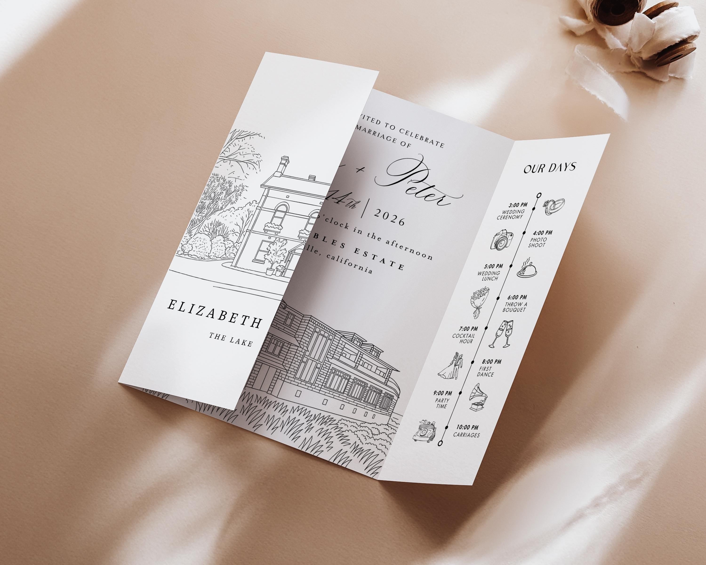 Custom Wedding Venue Illustration Invitation: Line Drawing Gatefold Template