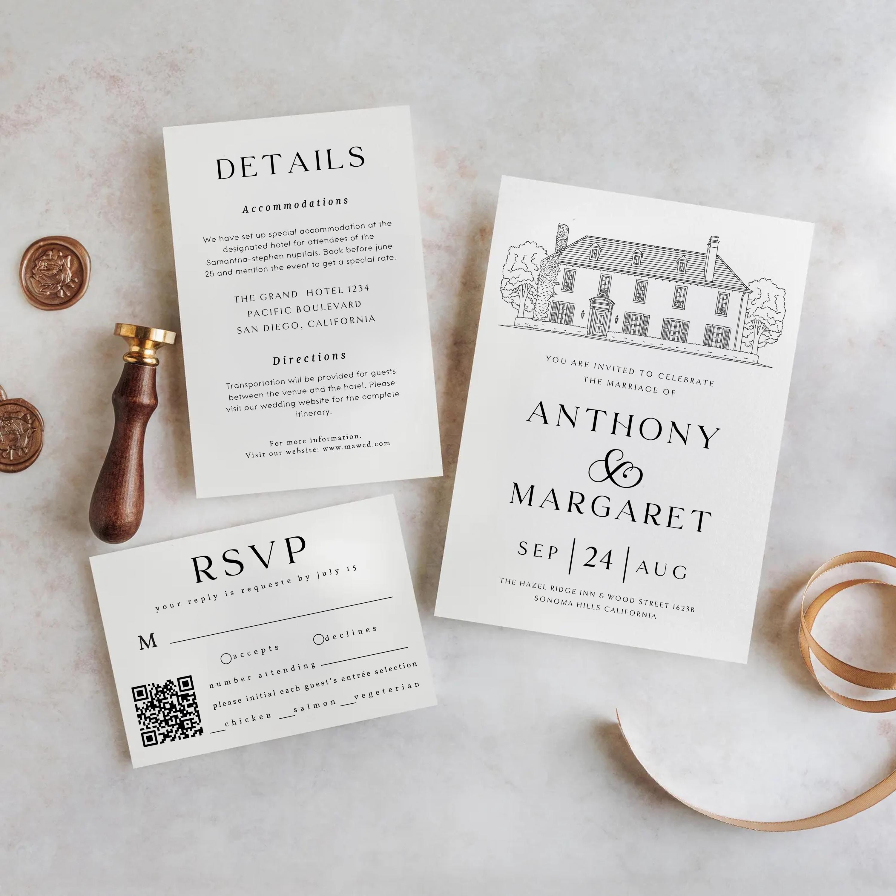 Custom Venue Line Art Wedding Invitation Template (DIY Canva Edit, Digital Download)