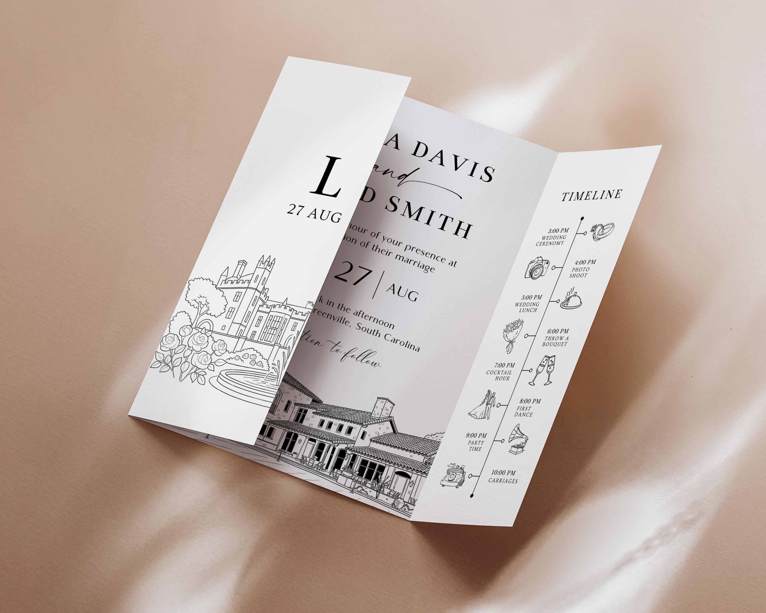 Wedding Venue Sketch Gatefold Invitation | Fully Editable Invitation Canva Template | Illustration
