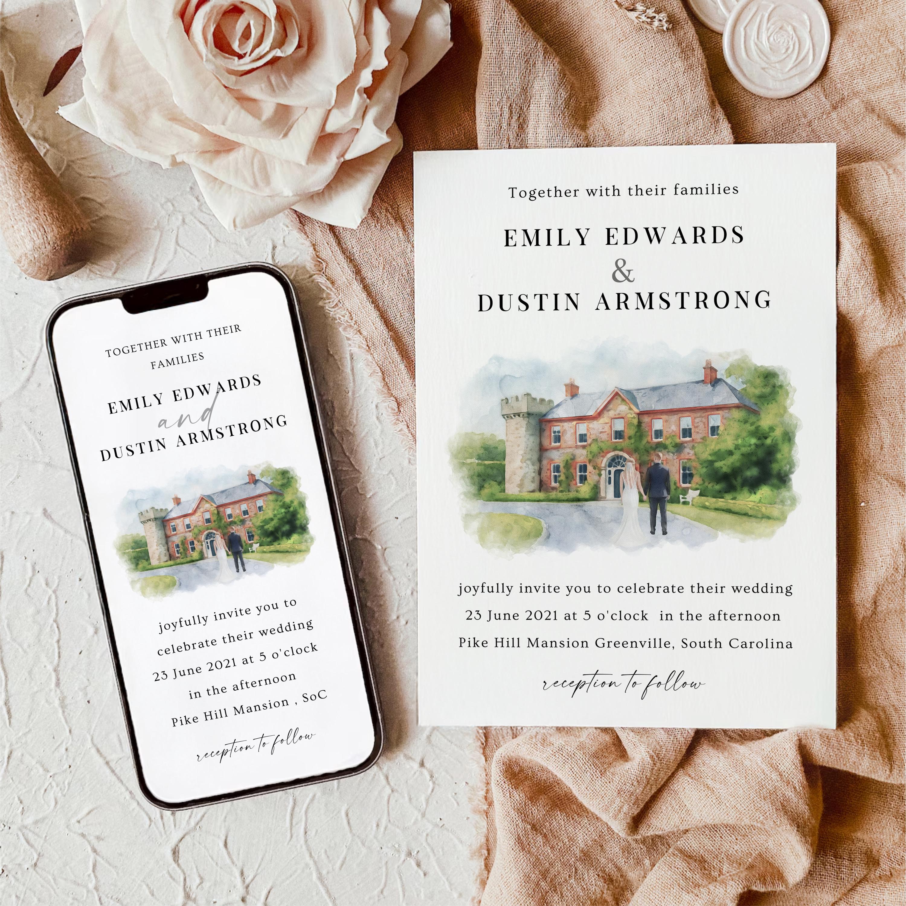 Custom Watercolor Venue Wedding Invitation set | Editable Canva Invite Template | Modern Wedding Illustration