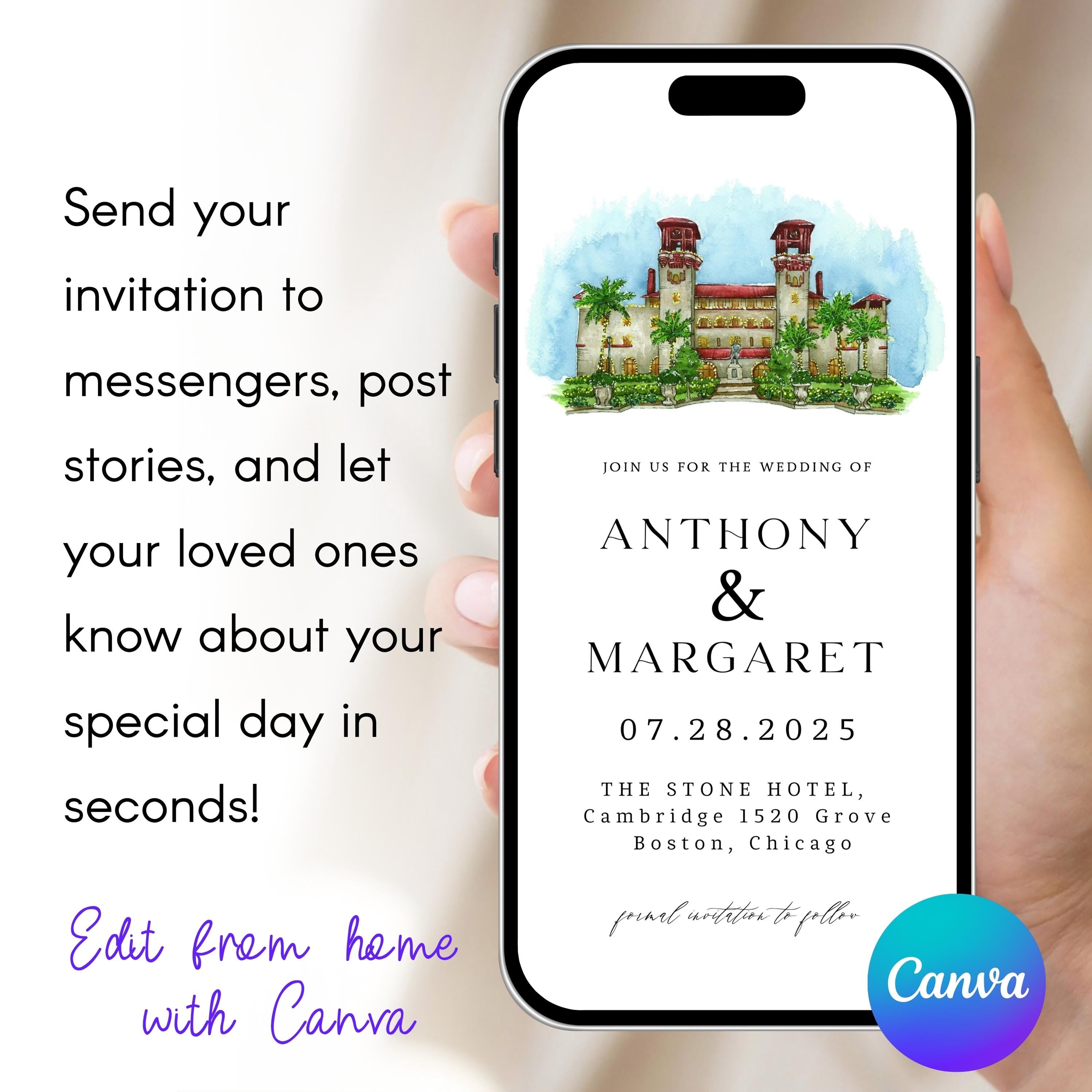 Digital Venue Sketch Save the Date: Watercolor Wedding E-vite (JPEG, PNG, PDF