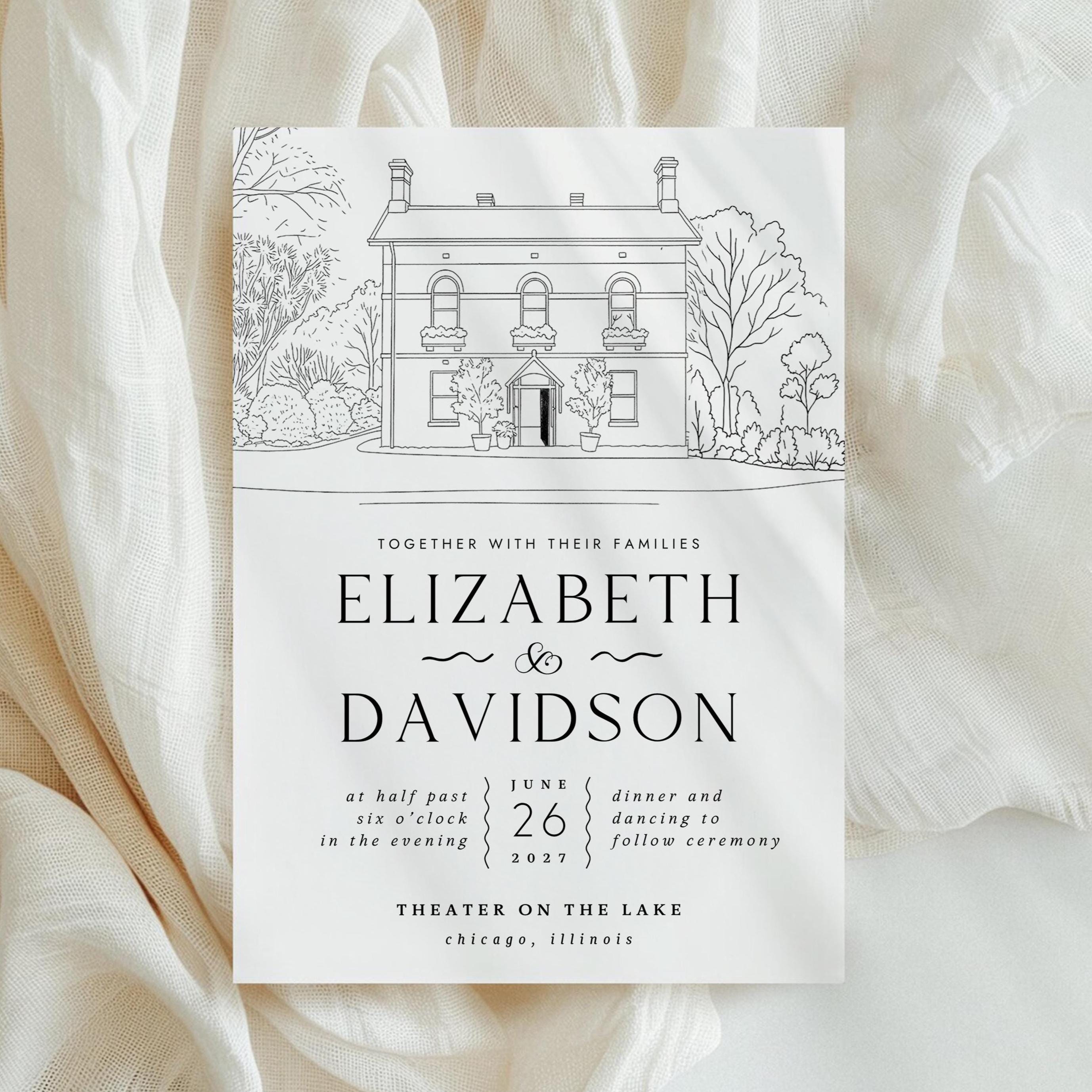 Wedding Venue Line Art Invitation: Custom Venue Sketch (Canva Template, Digital Download)