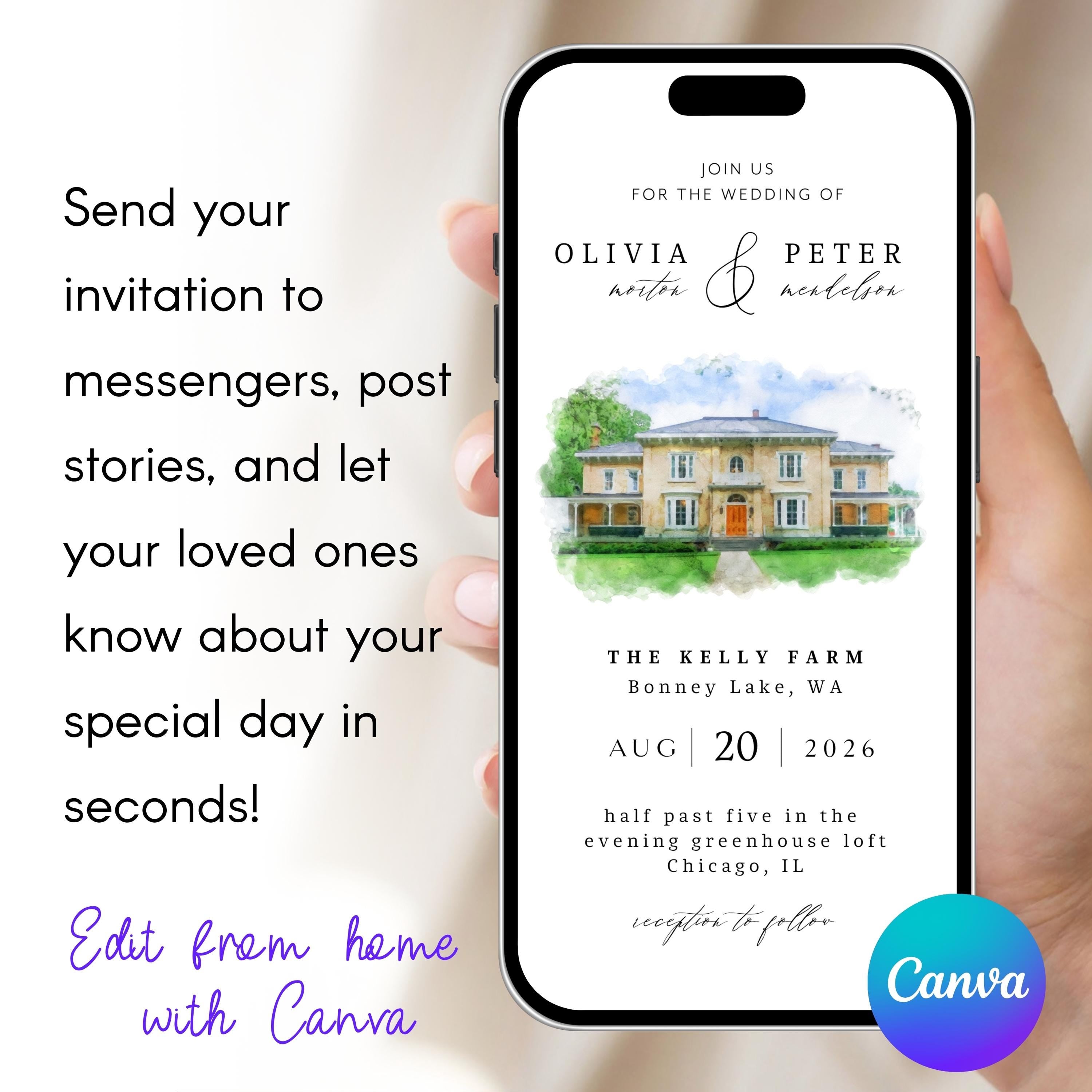 Digital Venue Sketch Save the Date: Watercolor Wedding E-vite (JPEG, PNG, PDF